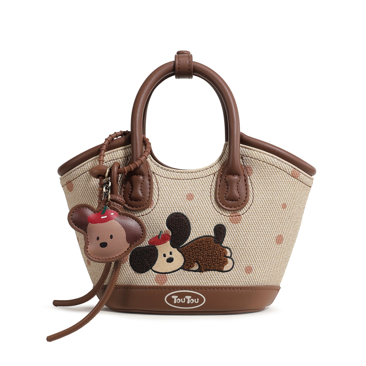 TOUTOU Cartoon Dog Embroidered Tote Bag - Mother-Daughter Set with Removable Strap & Cosmetic Pouch