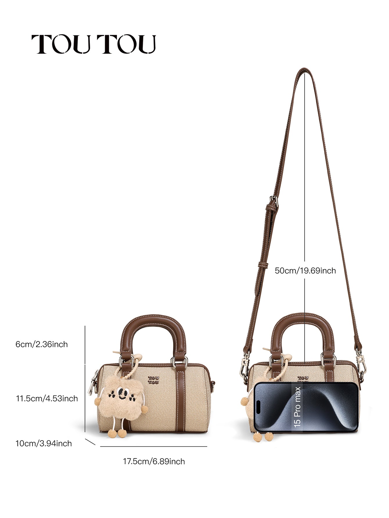 TOUTOU Beige Handbag: Plush Pendant & Retro Vibe