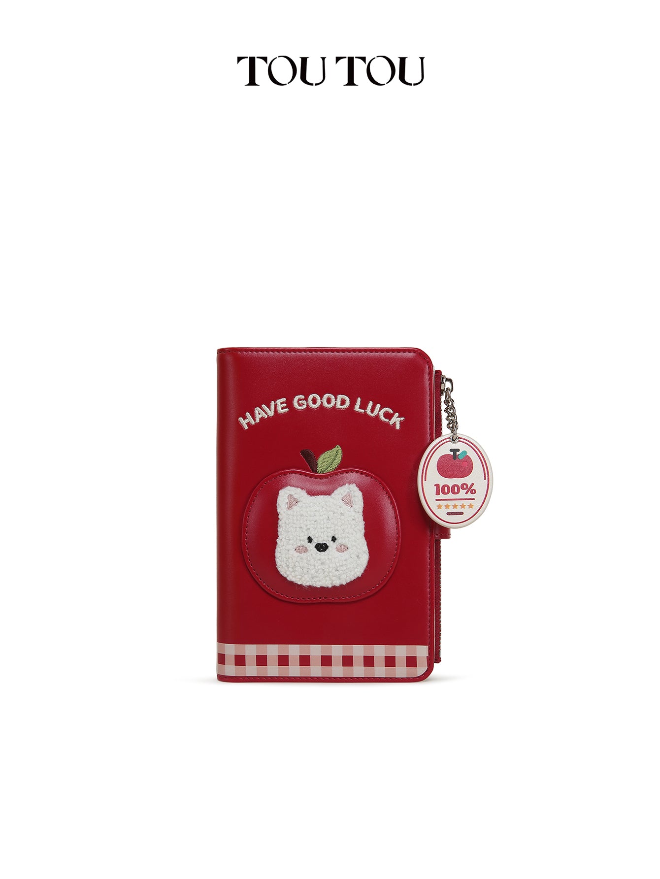 TOUTOU Cute Red “Have Good Luck” Wallet - Lucky Cat & Apple Charm, Multi-Slot Organizer for Cards, Cash & Passport