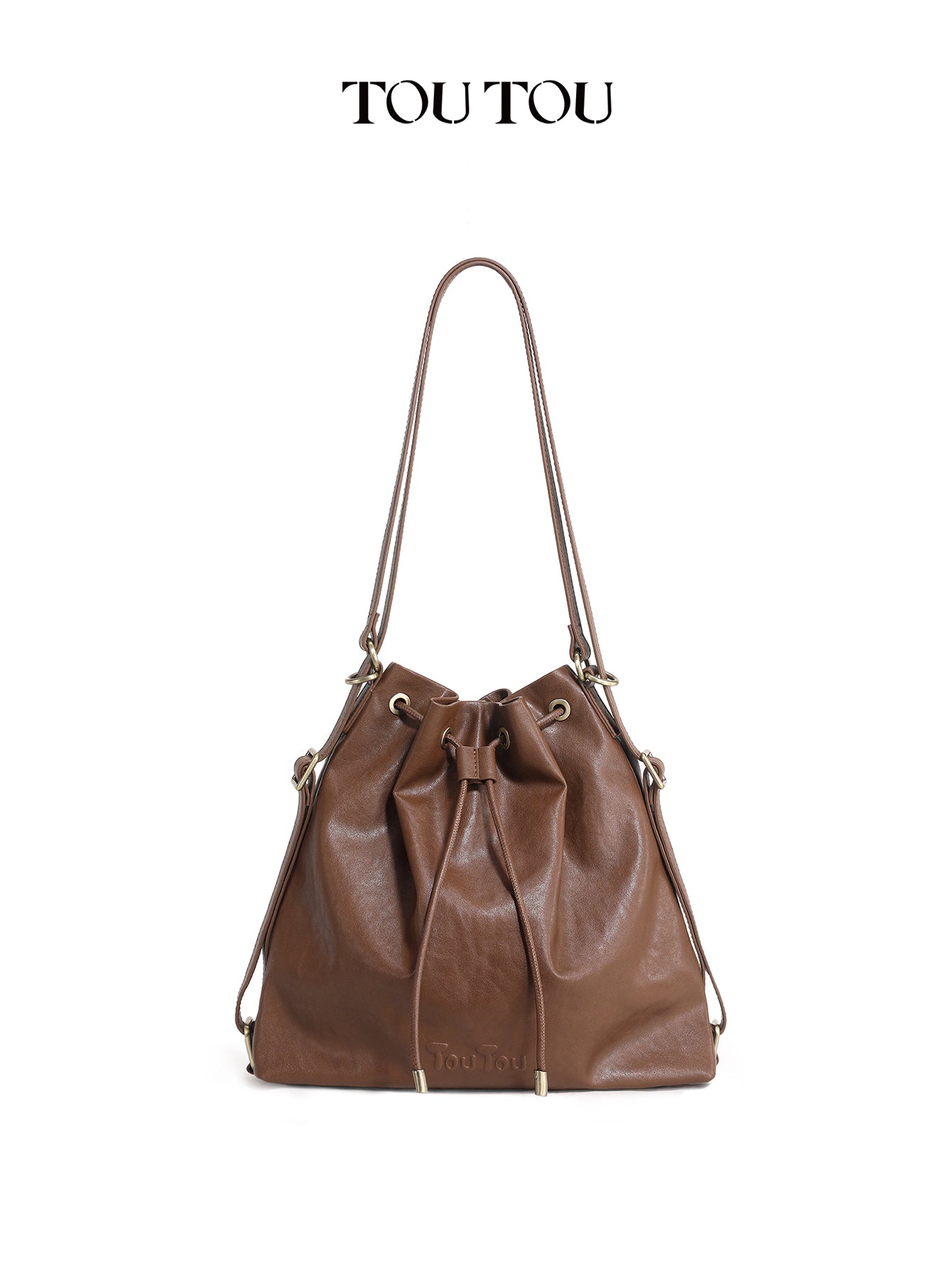 TOUTOU Cowhide Bucket Bag for Women - Drawstring Closure, Adjustable Strap Leather Shoulder Handbag