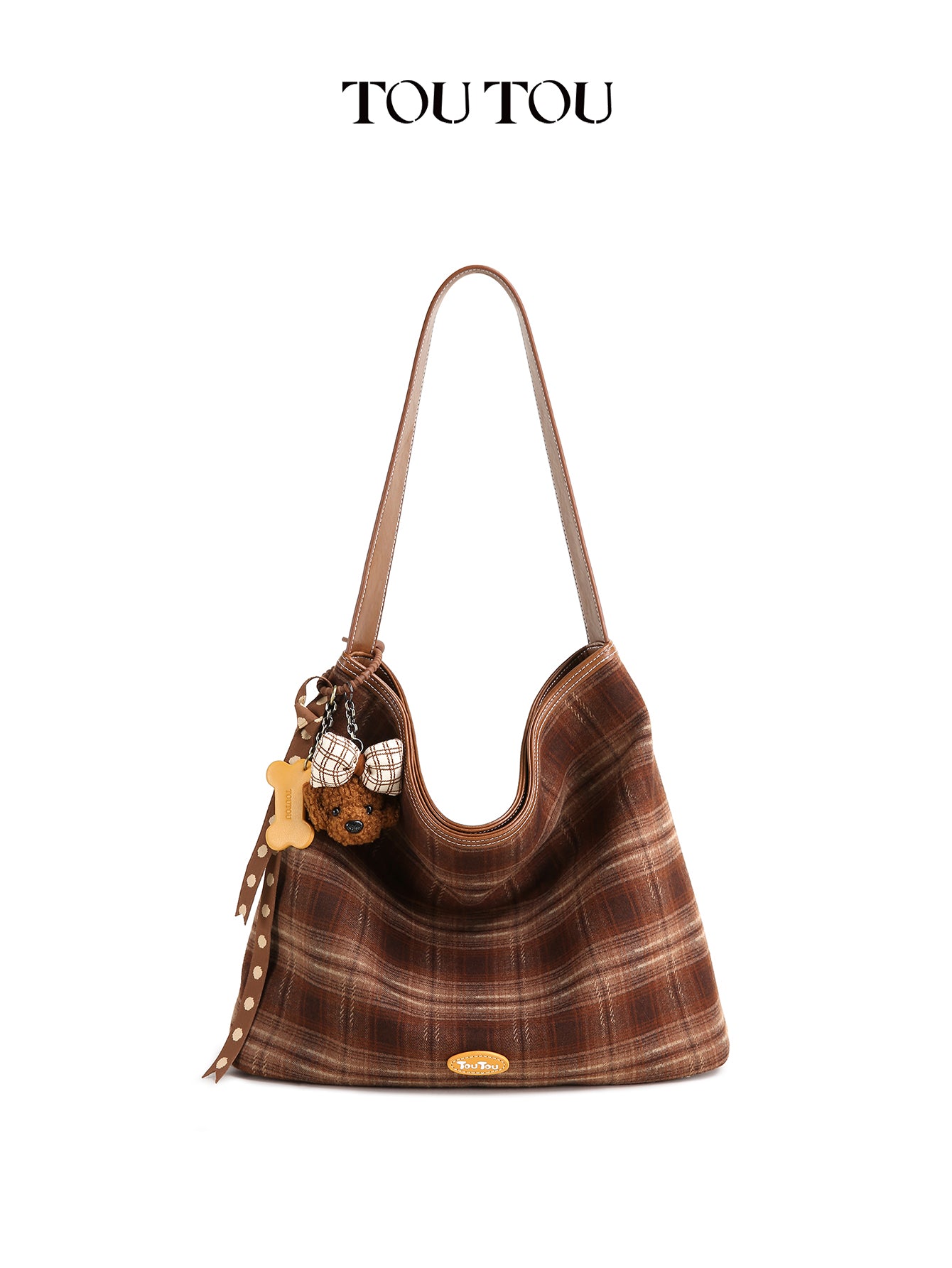 TOUTOU Plaid Hobo Bag for Women - Plush Teddy Pendant, Large Capacity Tote Fits 13" Laptop