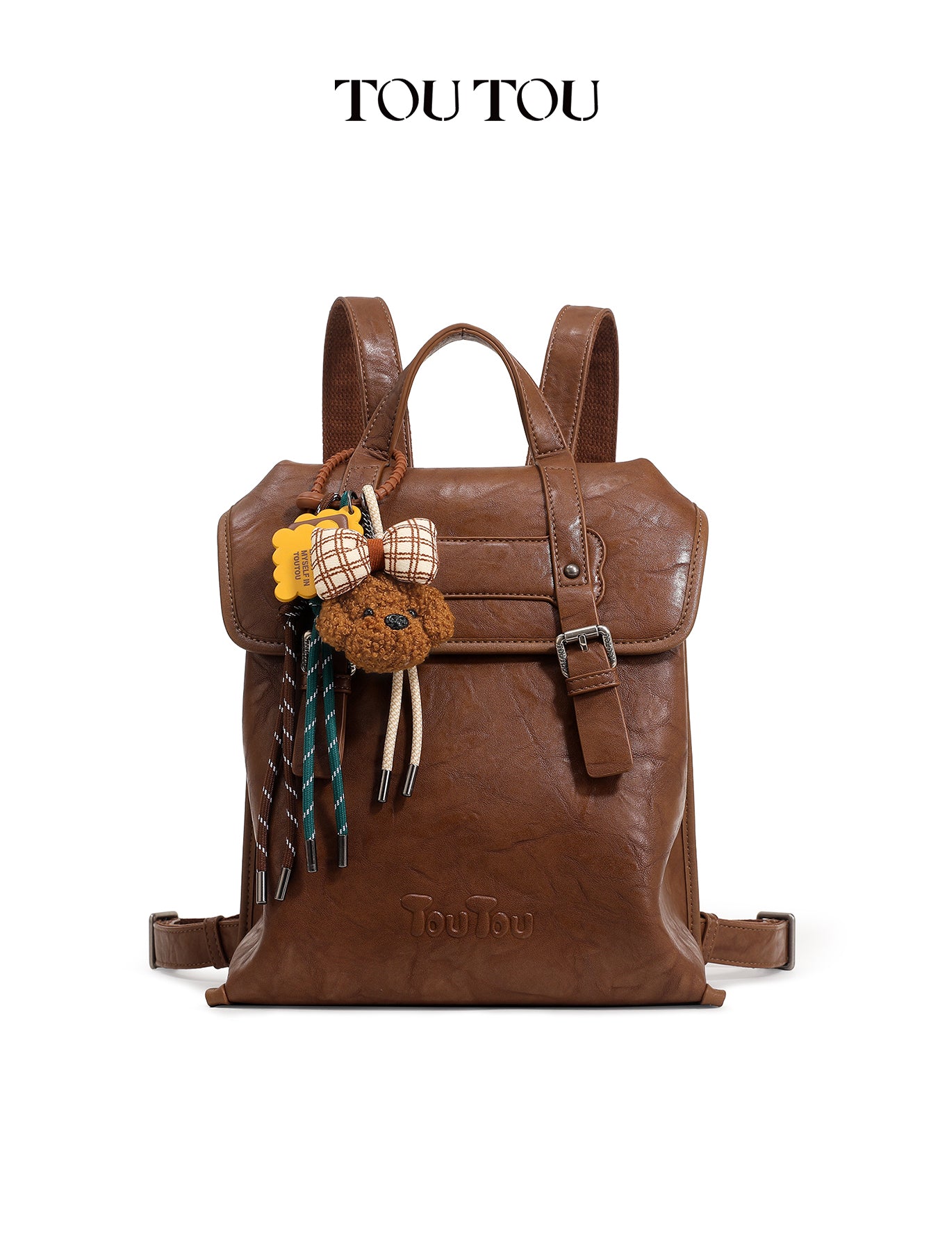 TOUTOU Vintage Microfiber Leather Backpack with Plush Pendant – Fits 8.3'' Device, Adjustable Strap