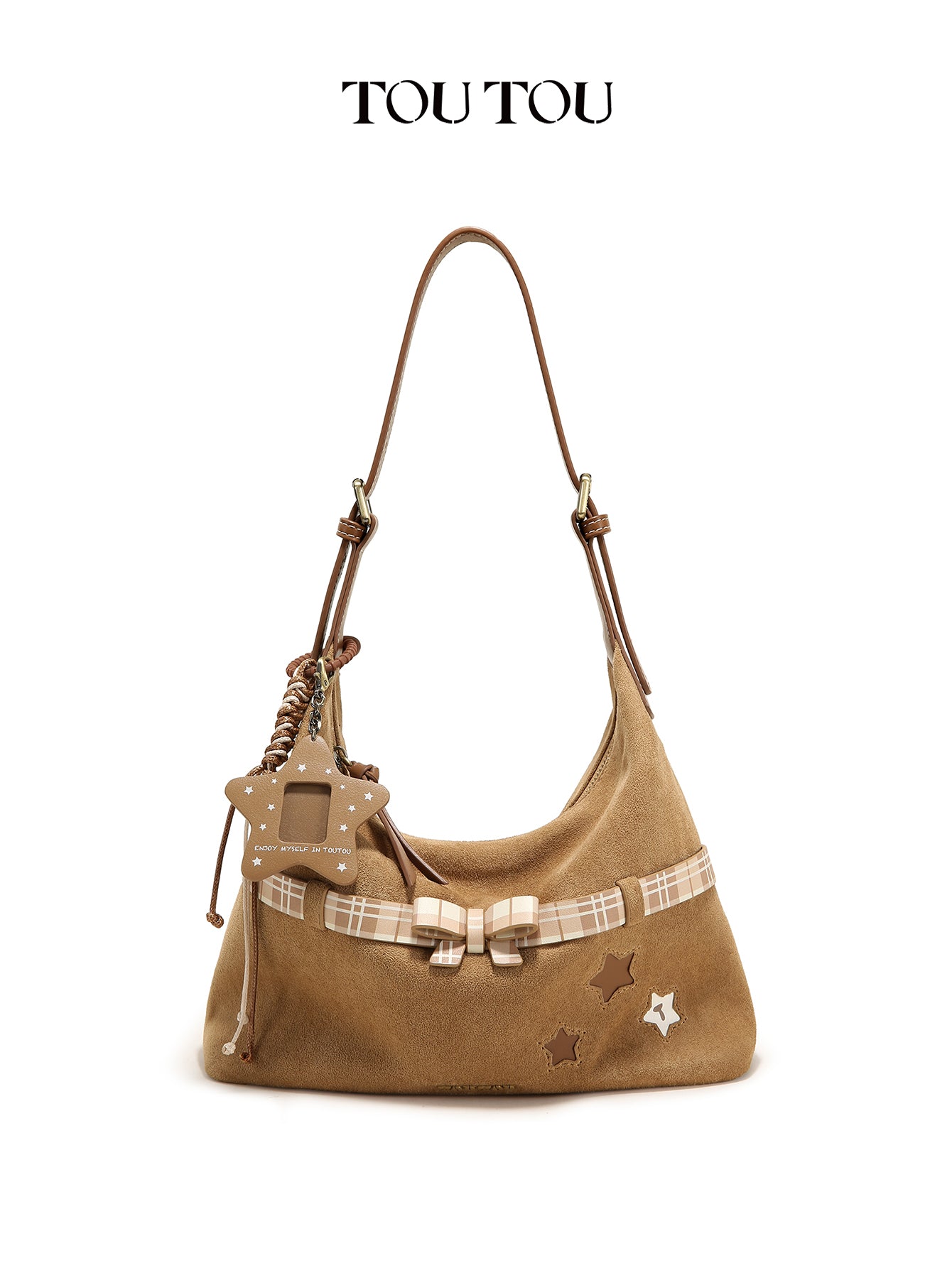 TOUTOU Cute Star & Bow Hobo Bag for Women - Brown Suede-Like Shoulder Bag with Multiple Pockets