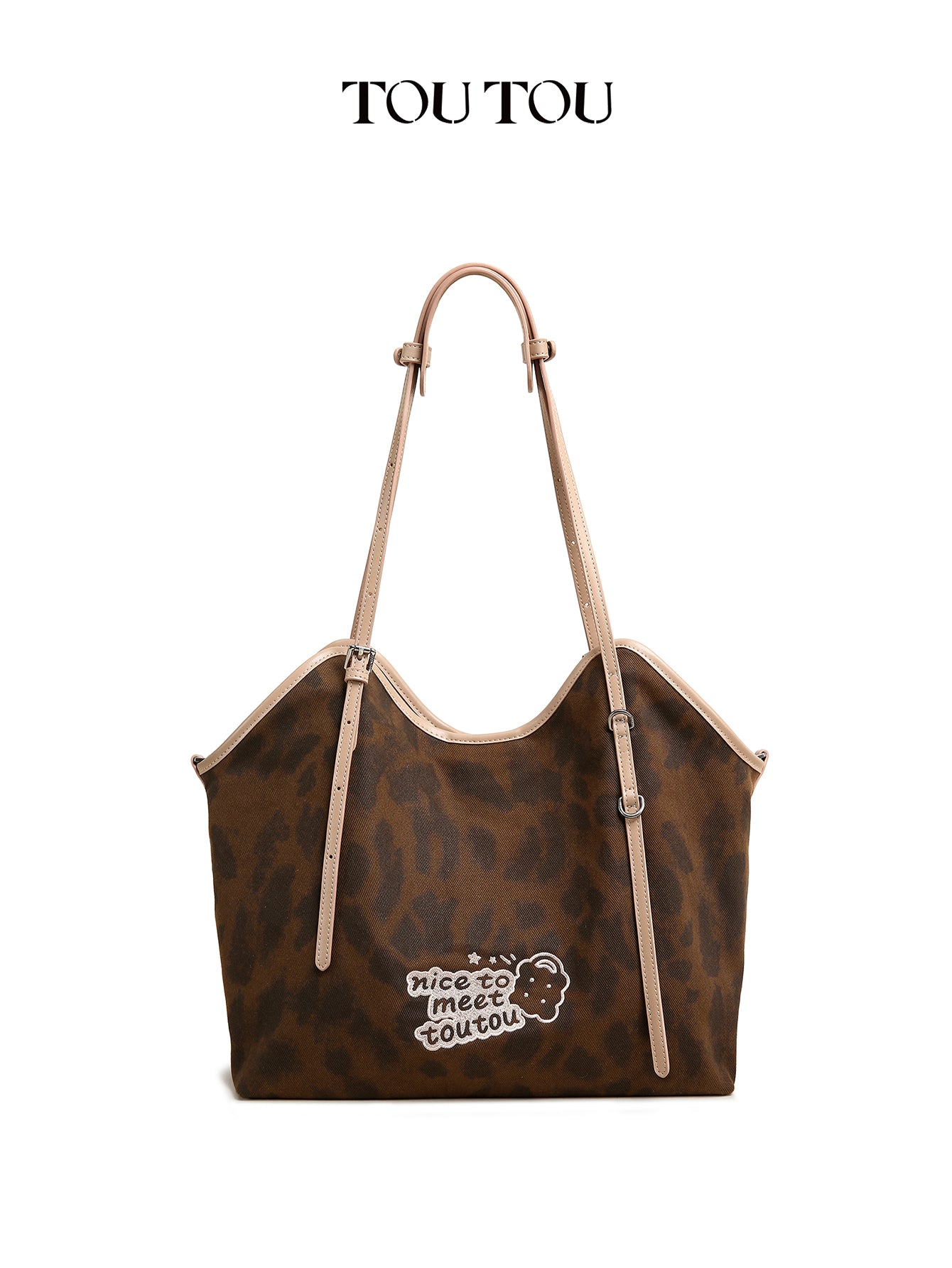 TOUTOU Leopard Print Tote Bag with “Nice to Meet Toutou” Embroidery - Spacious Shoulder Bag for Daily Use (Fits 13" Laptop)