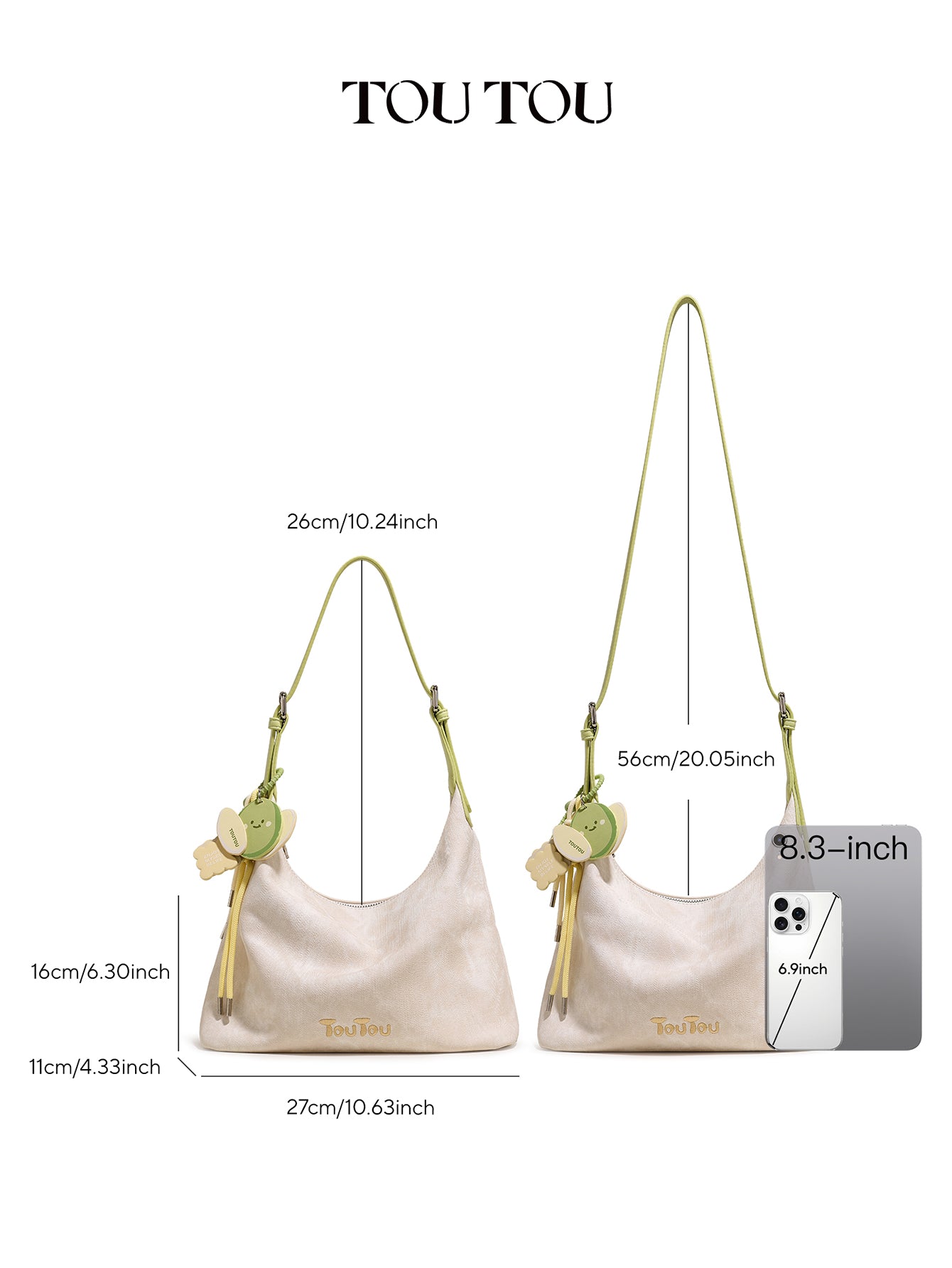 TOUTOU Beige Hobo Bag: Cute Fruit Pendant & Adjustable Strap