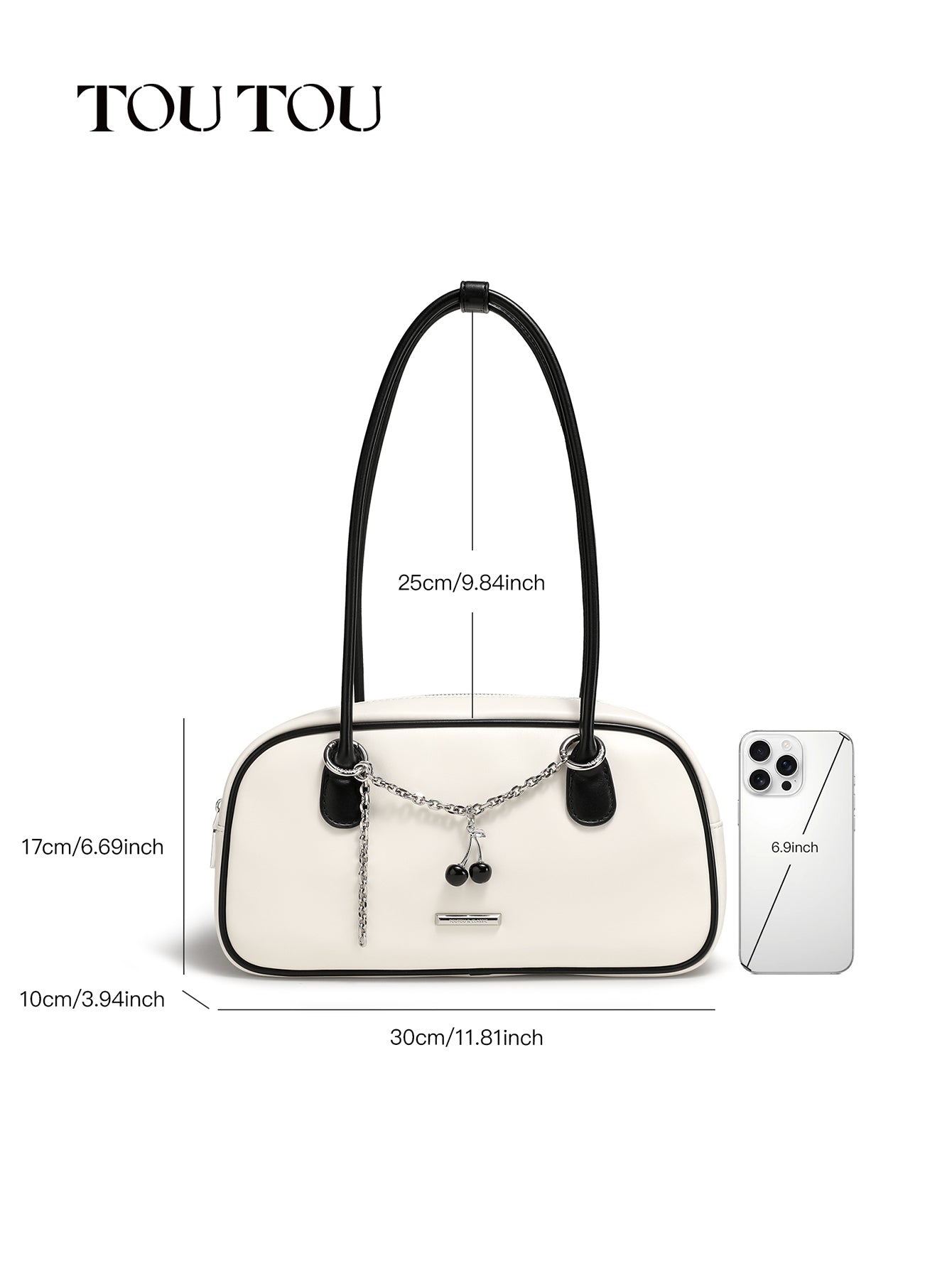 TOUTOU White Shoulder Bag: Cherry Chain Detail & Retro Charm