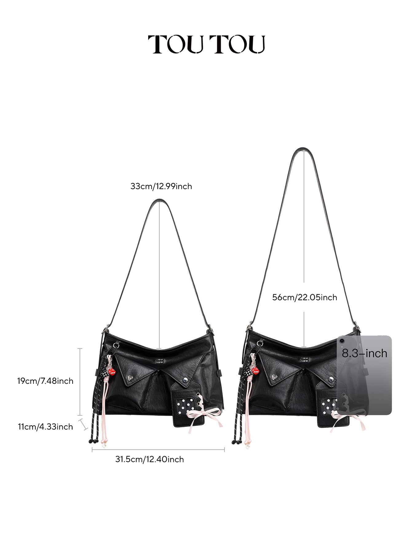 TOUTOU Black Crossbody Bag: Edgy Design with Adjustable Strap