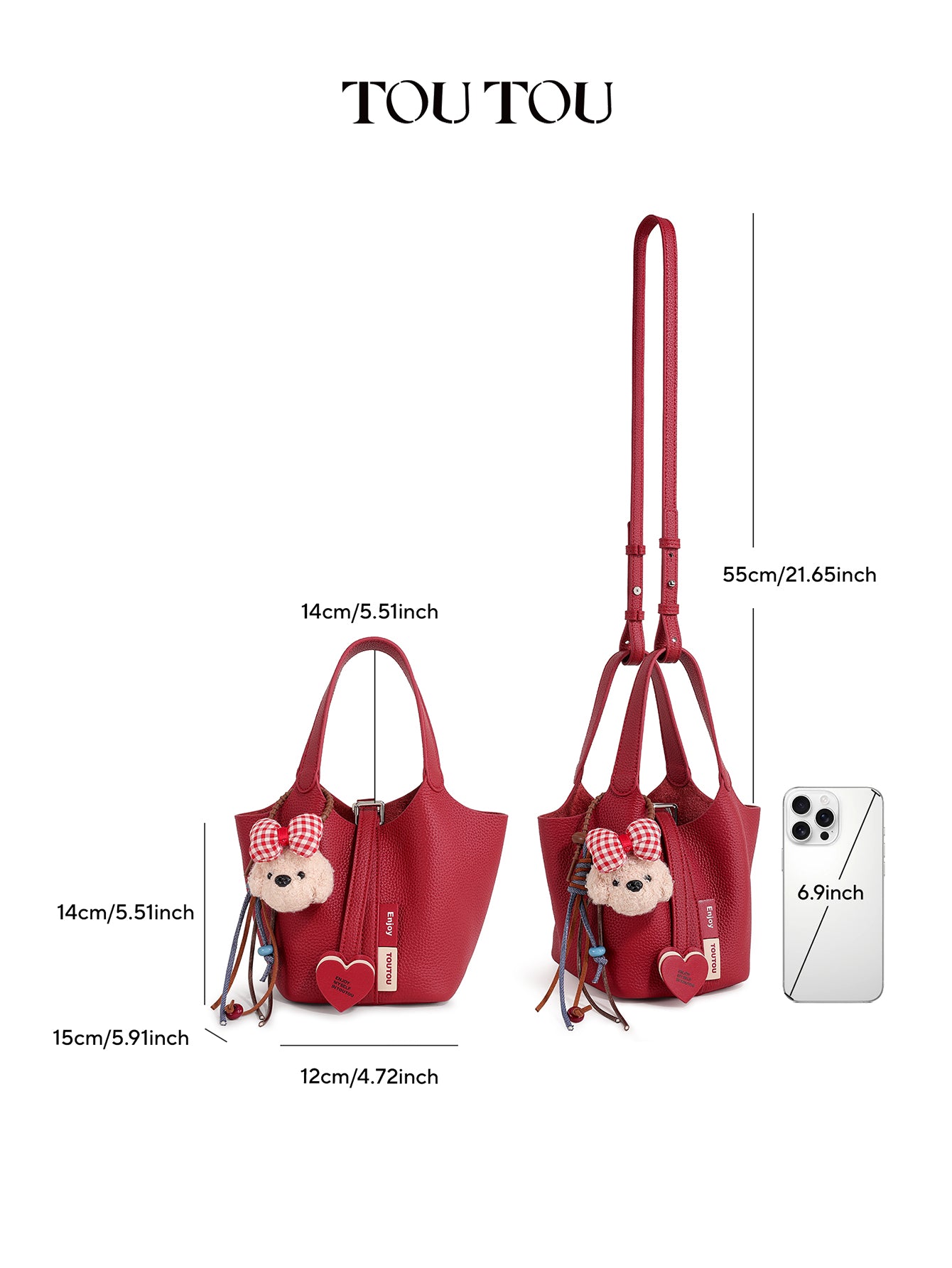 TOUTOU Red Cowhide Bucket Bag: Cute Teddy Charm & Versatile Style