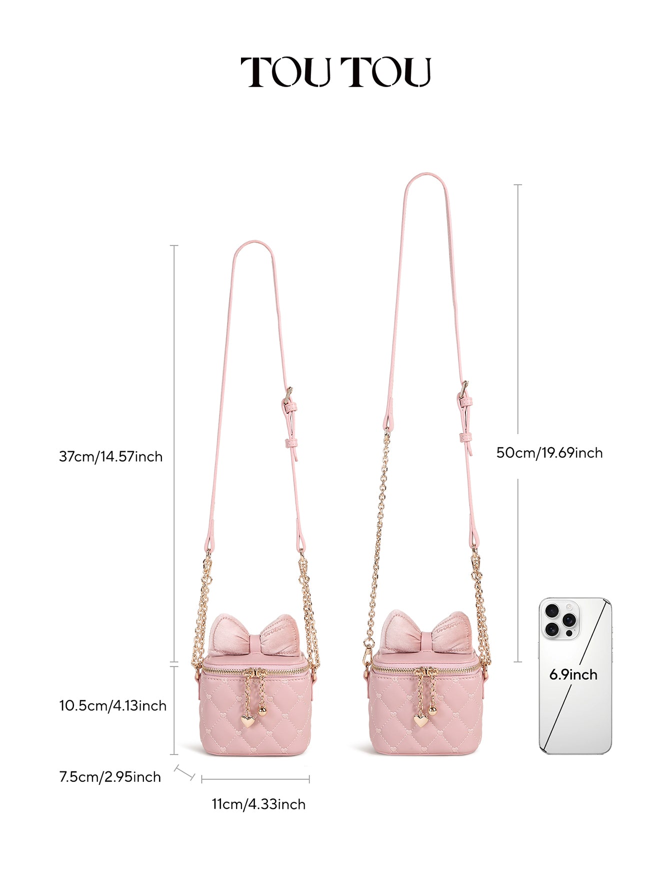 TOUTOU Cute Pink Mini Crossbody Bag with Velvet Bow - Quilted Heart Pattern Purse for Women