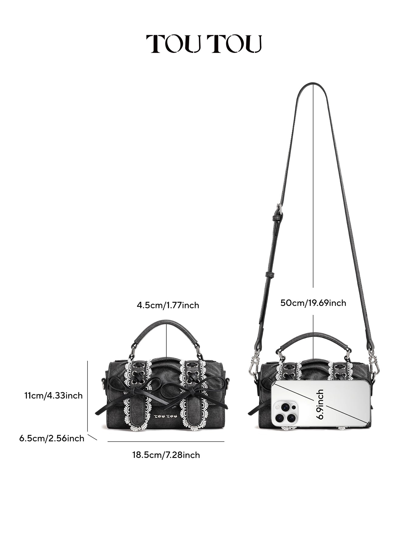 TOUTOU Black Barrel Bag with Lace & Bow Accents: Y2K - Inspired Cute Goth Style