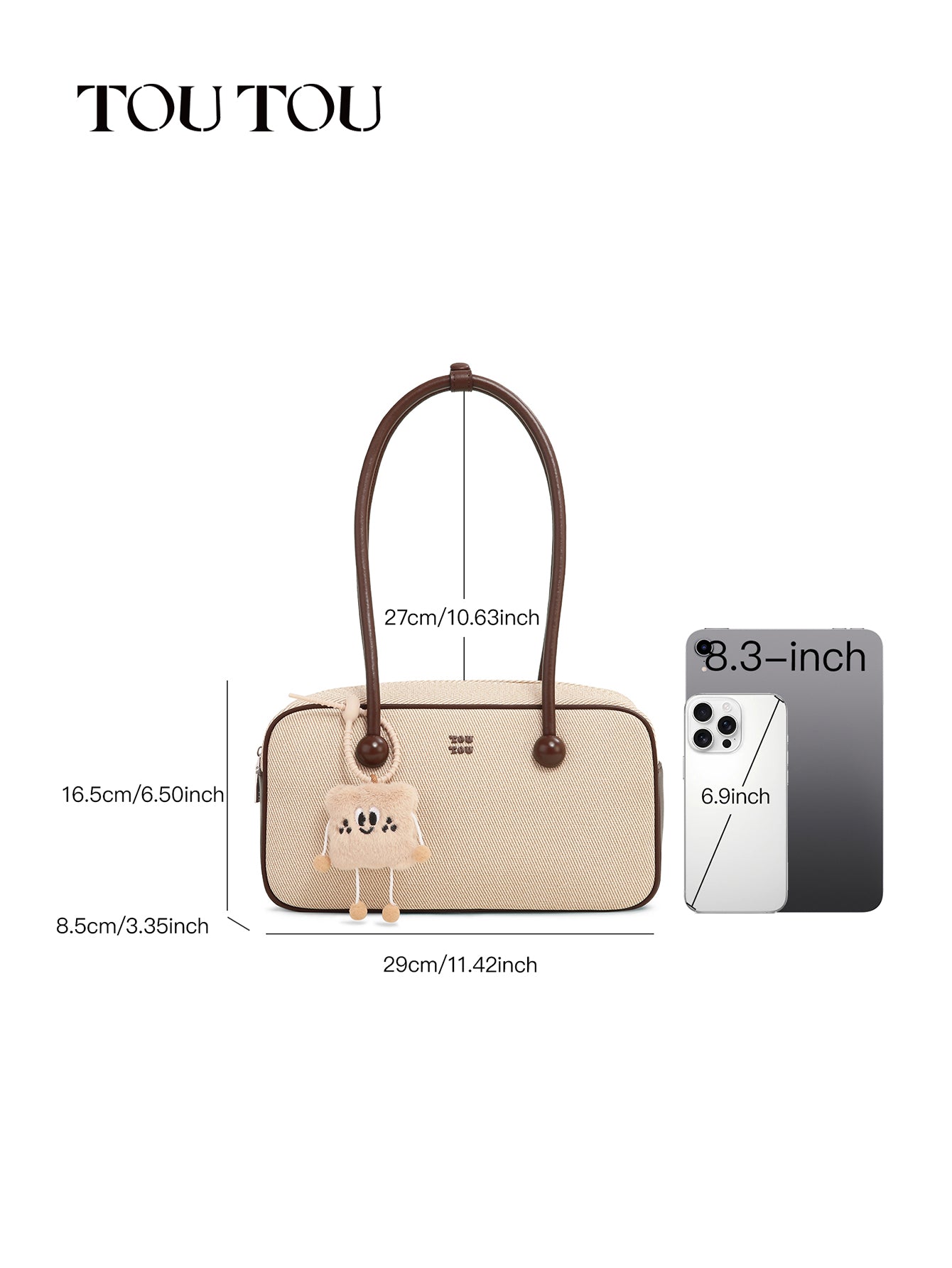 TOUTOU Beige & Brown Shoulder Bag with Cute Toast Plush Pendant: Casual - Chic Daily Bag