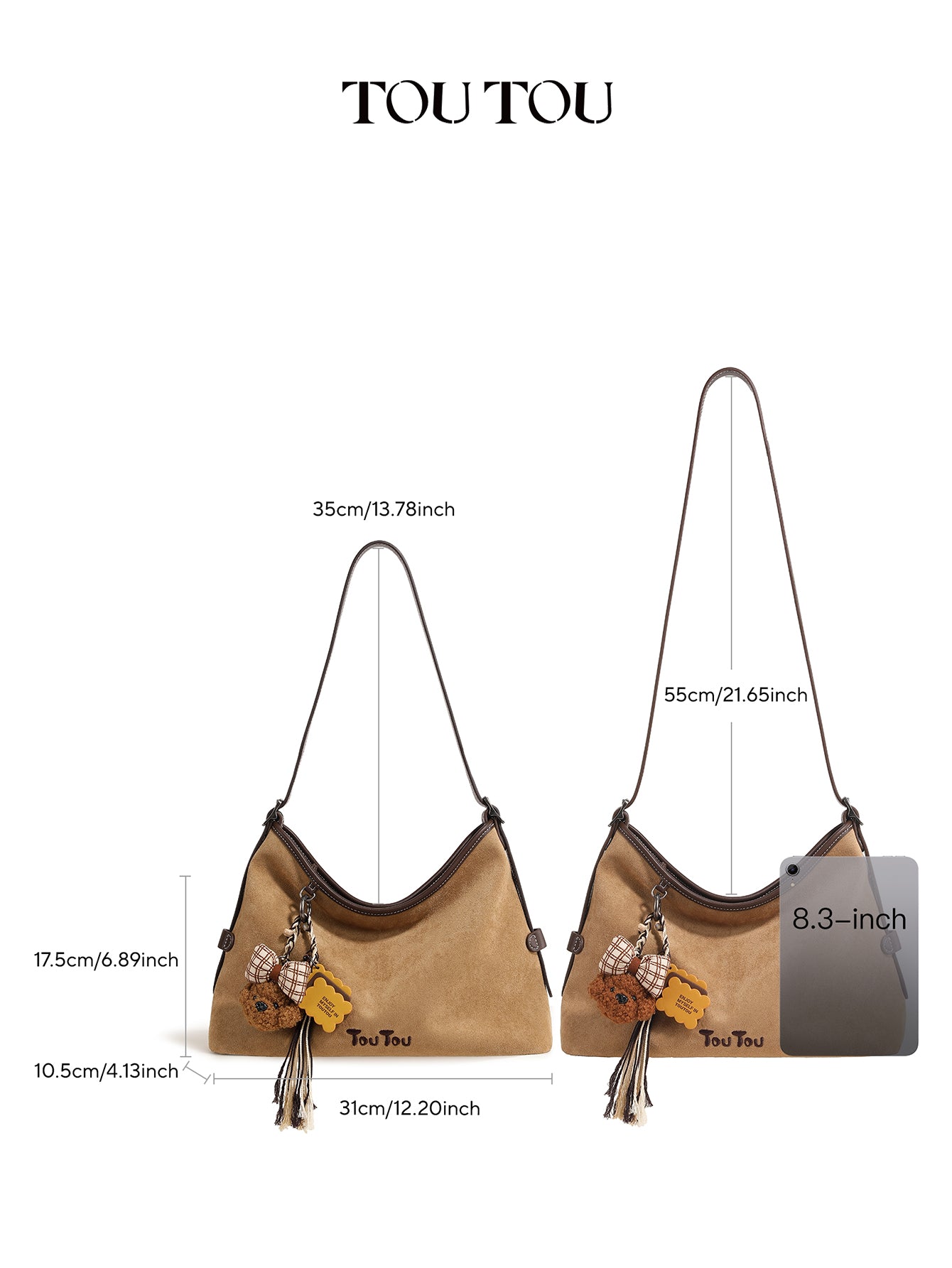 TOUTOU Beige Hobo Bag with Plush Bear Pendant: Retro & Playful