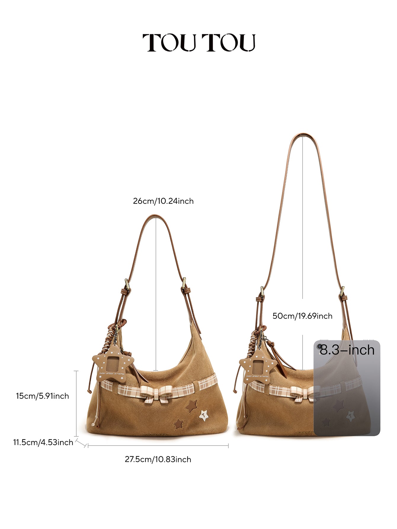 TOUTOU Cute Star & Bow Hobo Bag for Women - Brown Suede-Like Shoulder Bag with Multiple Pockets
