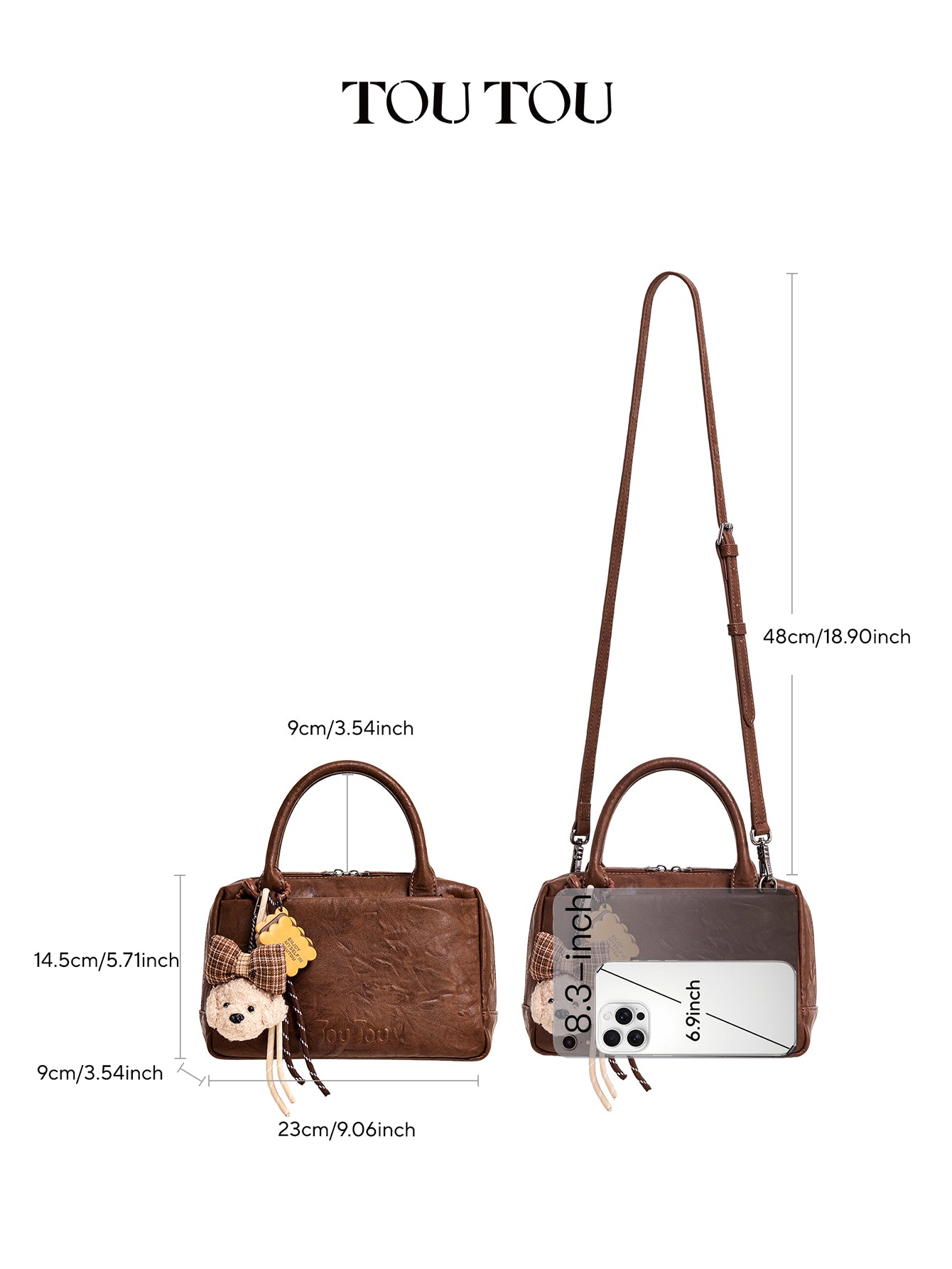 TOUTOU Brown Bowling Handbag: Cute Dog Charm & Multi - Pocket Design