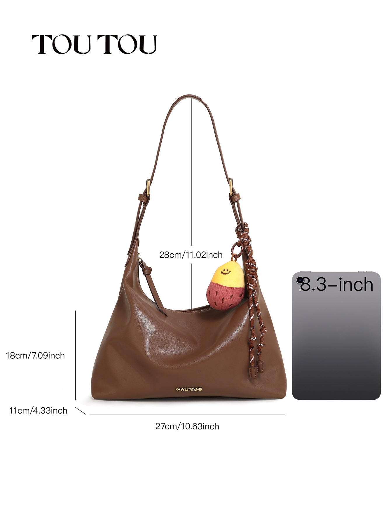 TOUTOU Brown Hobo Bag: Plush Fruit Pendant & Versatile Styling