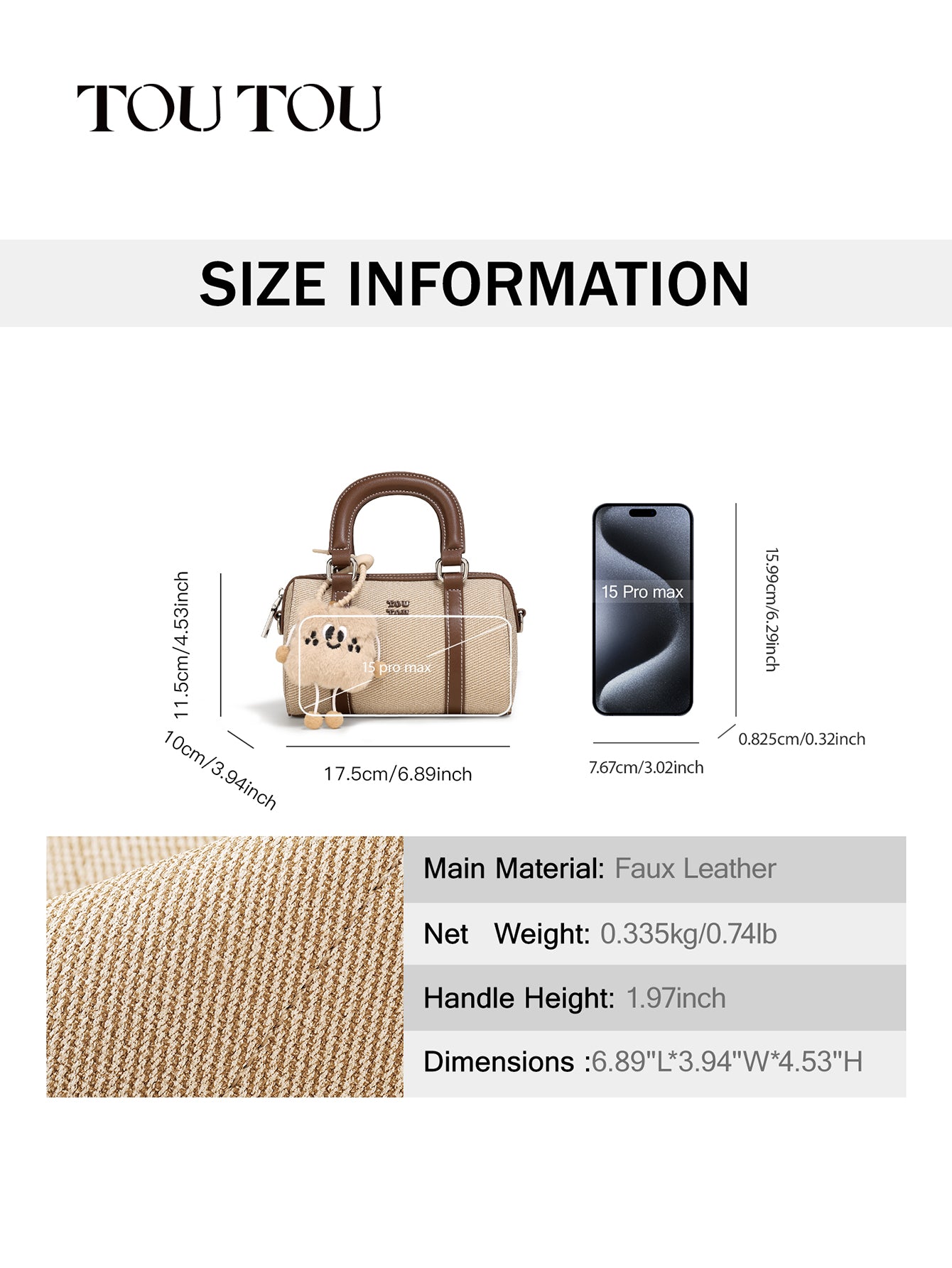 TOUTOU Beige Handbag: Plush Pendant & Retro Vibe