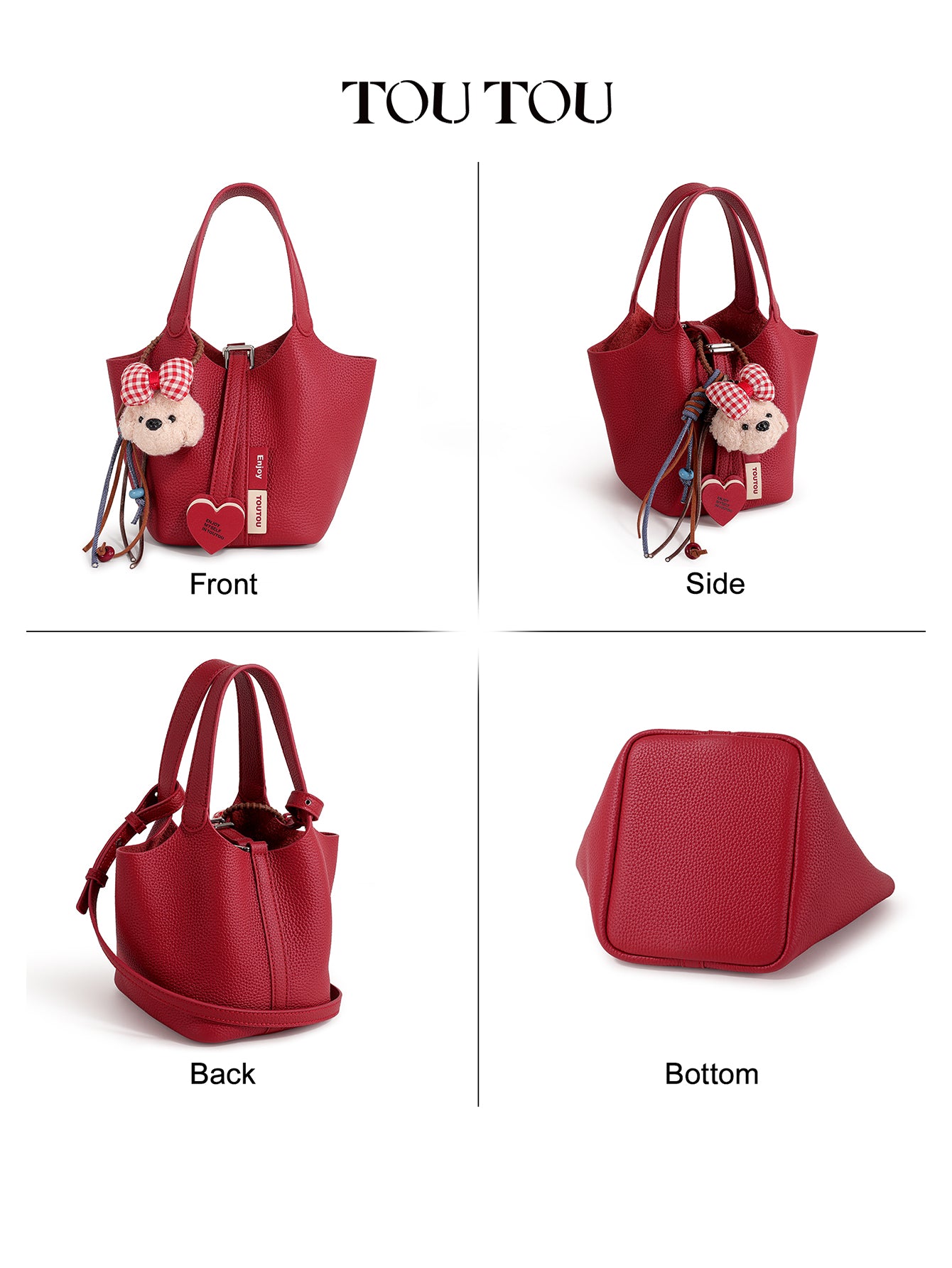 TOUTOU Red Cowhide Bucket Bag: Cute Teddy Charm & Versatile Style