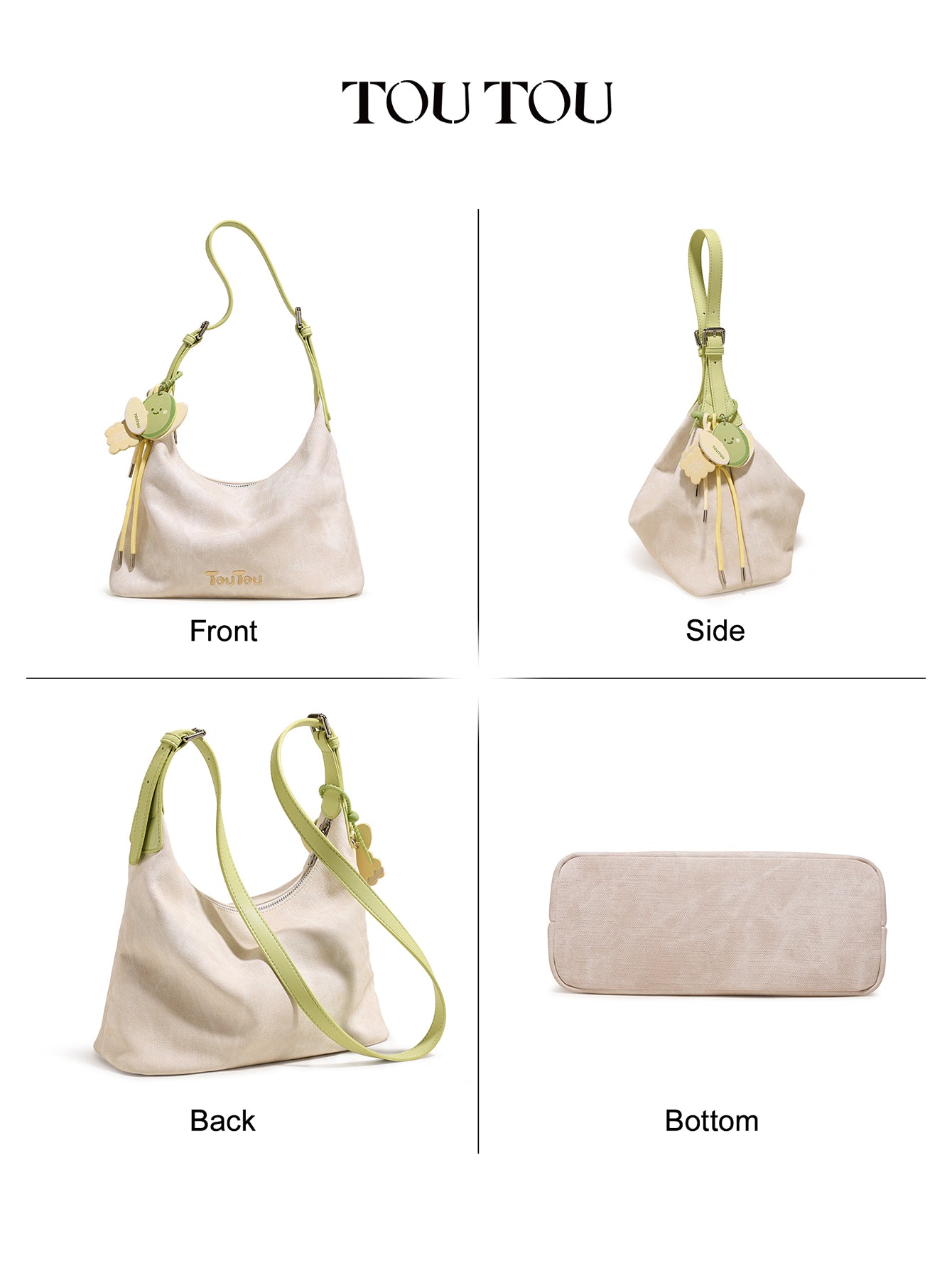 TOUTOU Beige Hobo Bag: Cute Fruit Pendant & Adjustable Strap