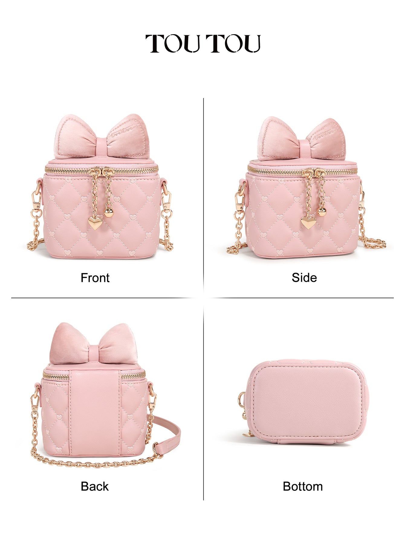 TOUTOU Cute Pink Mini Crossbody Bag with Velvet Bow - Quilted Heart Pattern Purse for Women