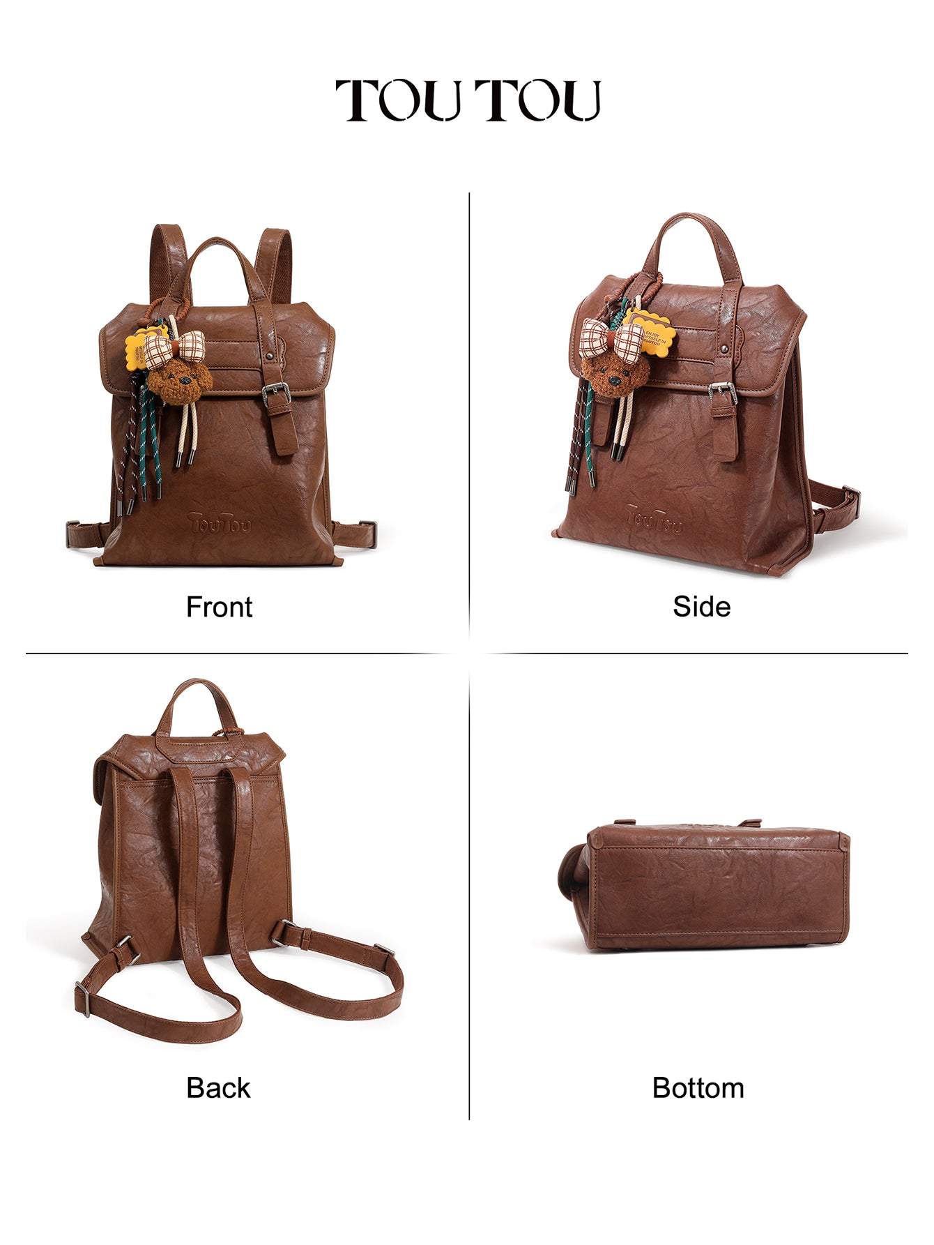 TOUTOU Vintage Microfiber Leather Backpack with Plush Pendant – Fits 8.3'' Device, Adjustable Strap