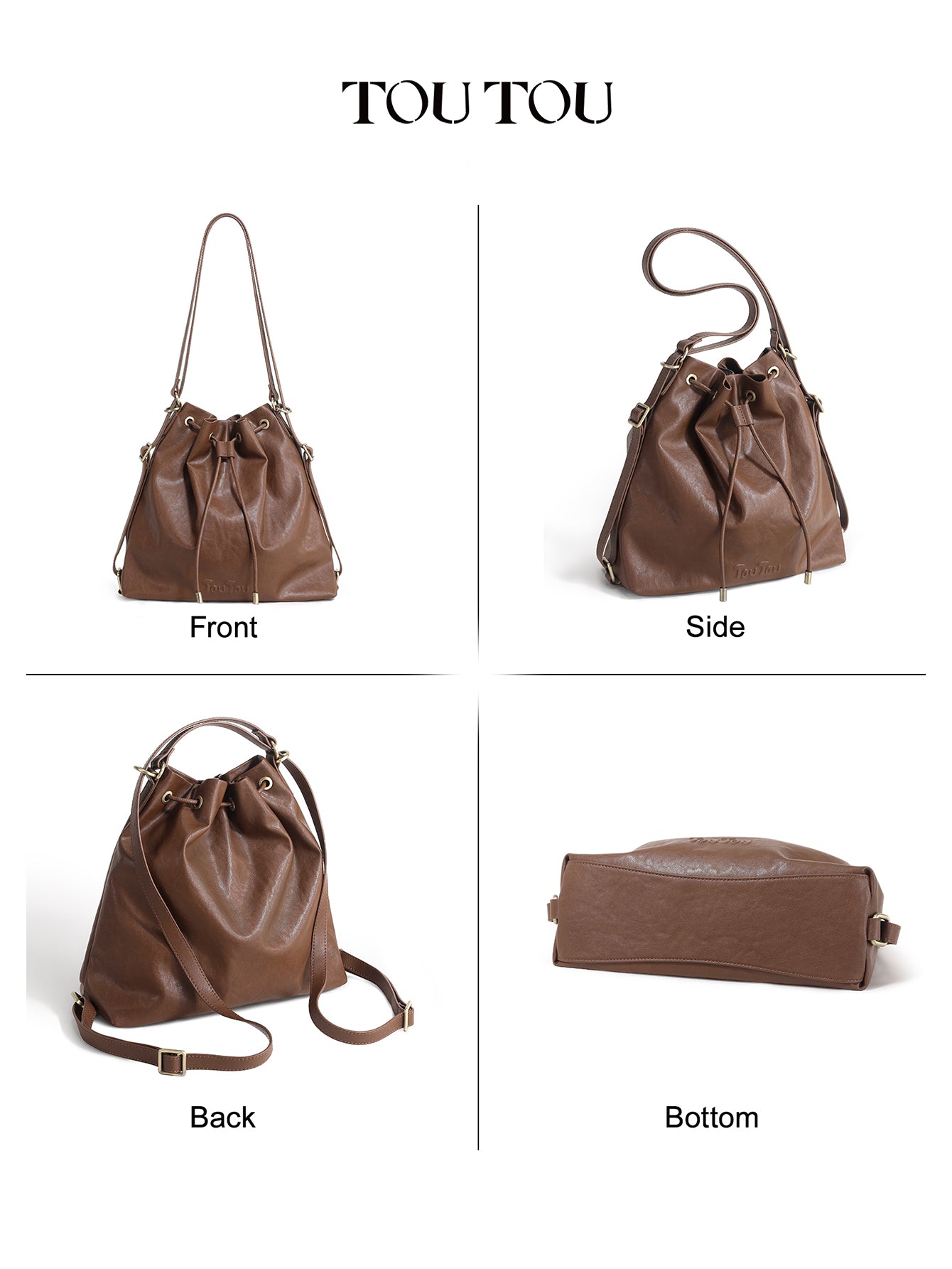 TOUTOU Cowhide Bucket Bag for Women - Drawstring Closure, Adjustable Strap Leather Shoulder Handbag