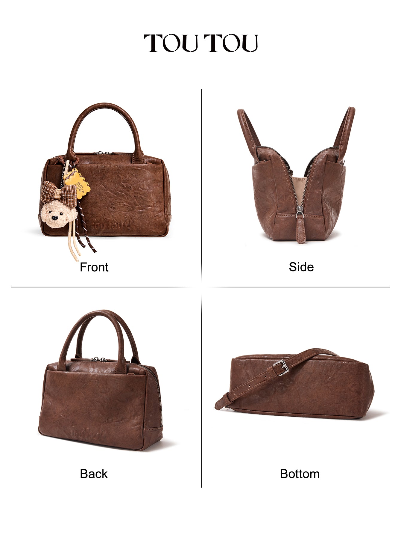 TOUTOU Brown Bowling Handbag: Cute Dog Charm & Multi - Pocket Design