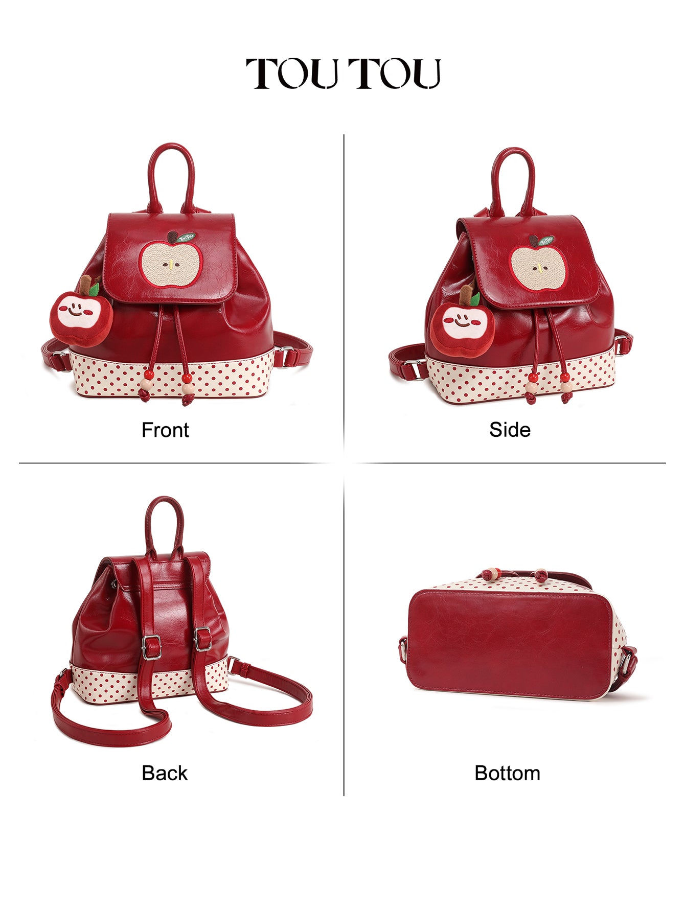 TOUTOU Cute Apple Embroidered Mini Backpack - Red Synthetic Leather Bag with Plush Pendant