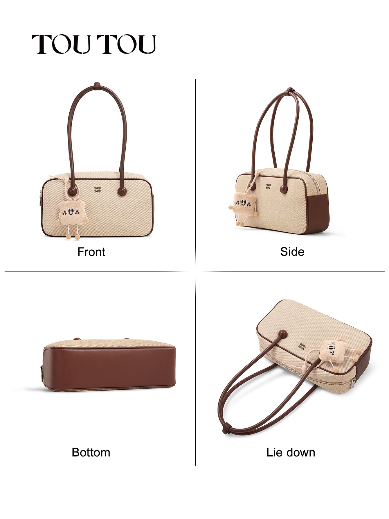 TOUTOU Beige & Brown Shoulder Bag with Cute Toast Plush Pendant: Casual - Chic Daily Bag