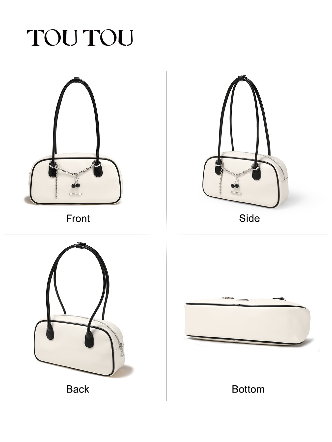 TOUTOU White Shoulder Bag: Cherry Chain Detail & Retro Charm