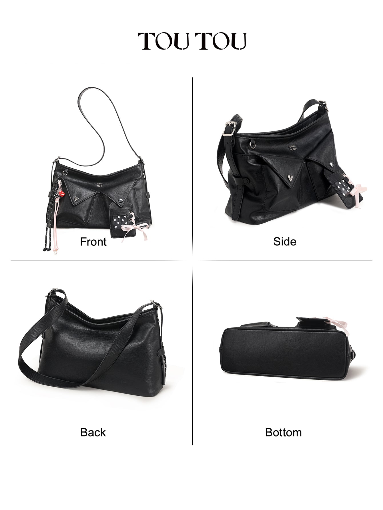 TOUTOU Black Crossbody Bag: Edgy Design with Adjustable Strap