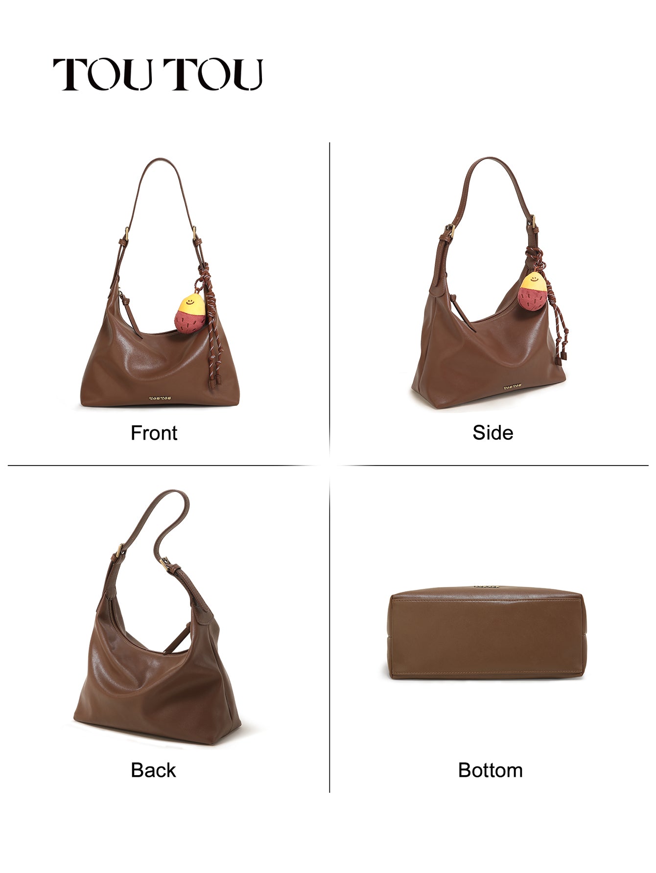TOUTOU Brown Hobo Bag: Plush Fruit Pendant & Versatile Styling
