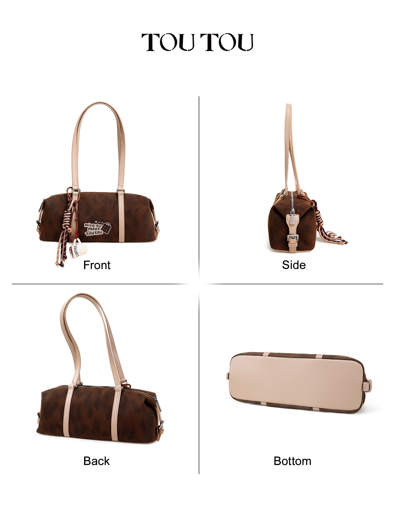 TOUTOU Brown Hobo Shoulder Bag - Cute "Nice to Meet Toutou" Embroidery & Coffee Charm, Fits 8.3" Tablet