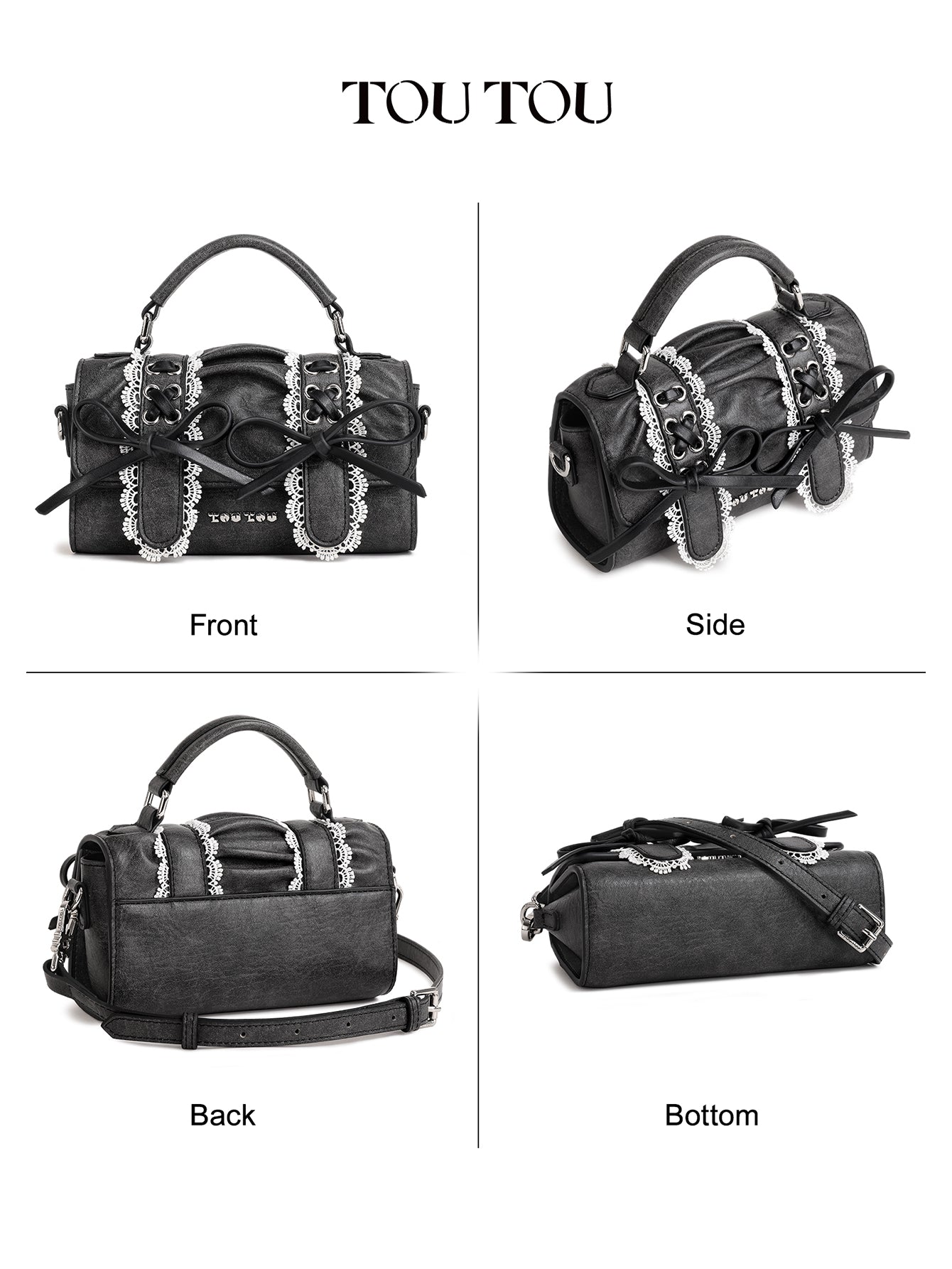 TOUTOU Black Barrel Bag with Lace & Bow Accents: Y2K - Inspired Cute Goth Style