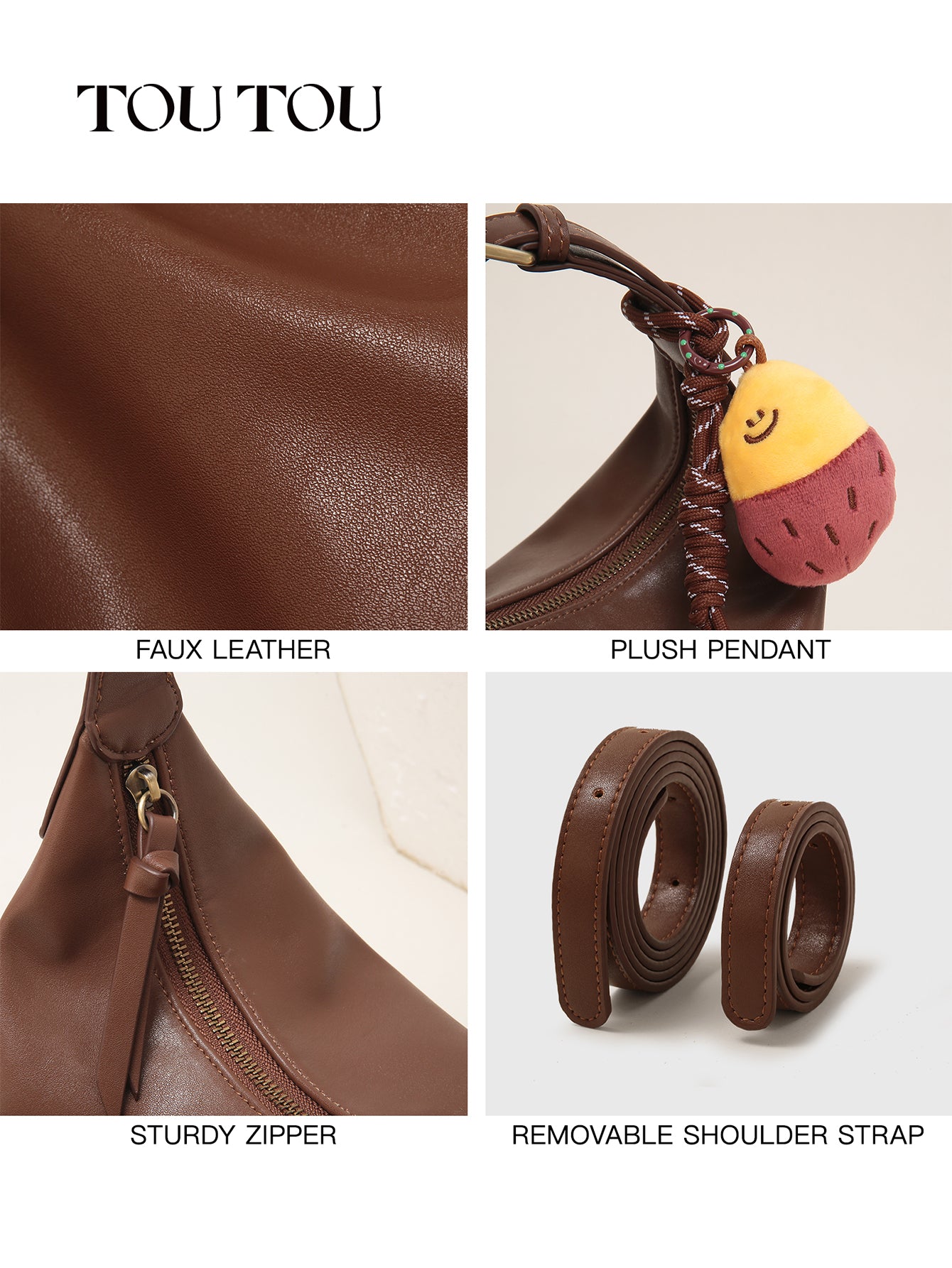 TOUTOU Brown Hobo Bag: Plush Fruit Pendant & Versatile Styling