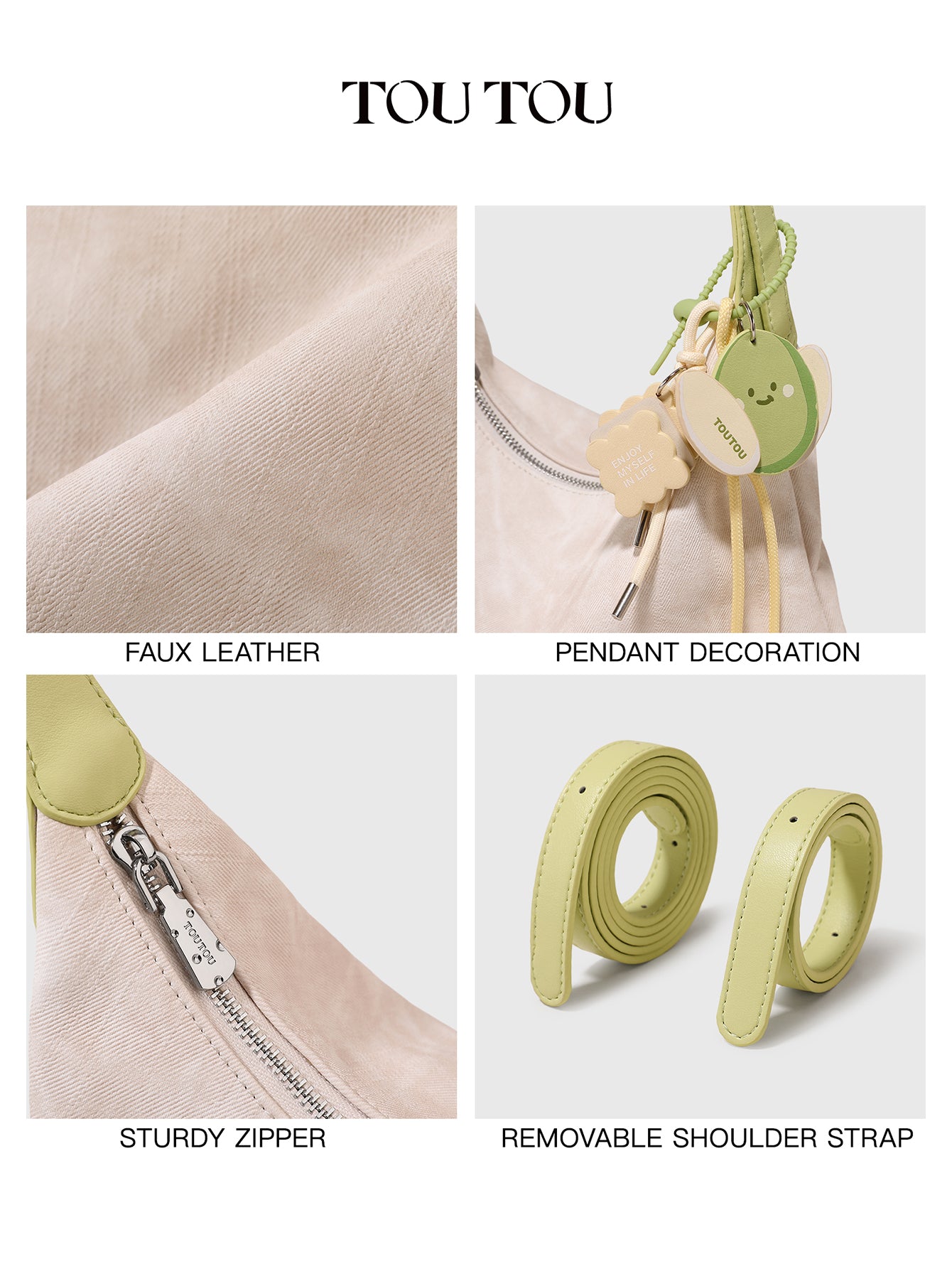 TOUTOU Beige Hobo Bag: Cute Fruit Pendant & Adjustable Strap