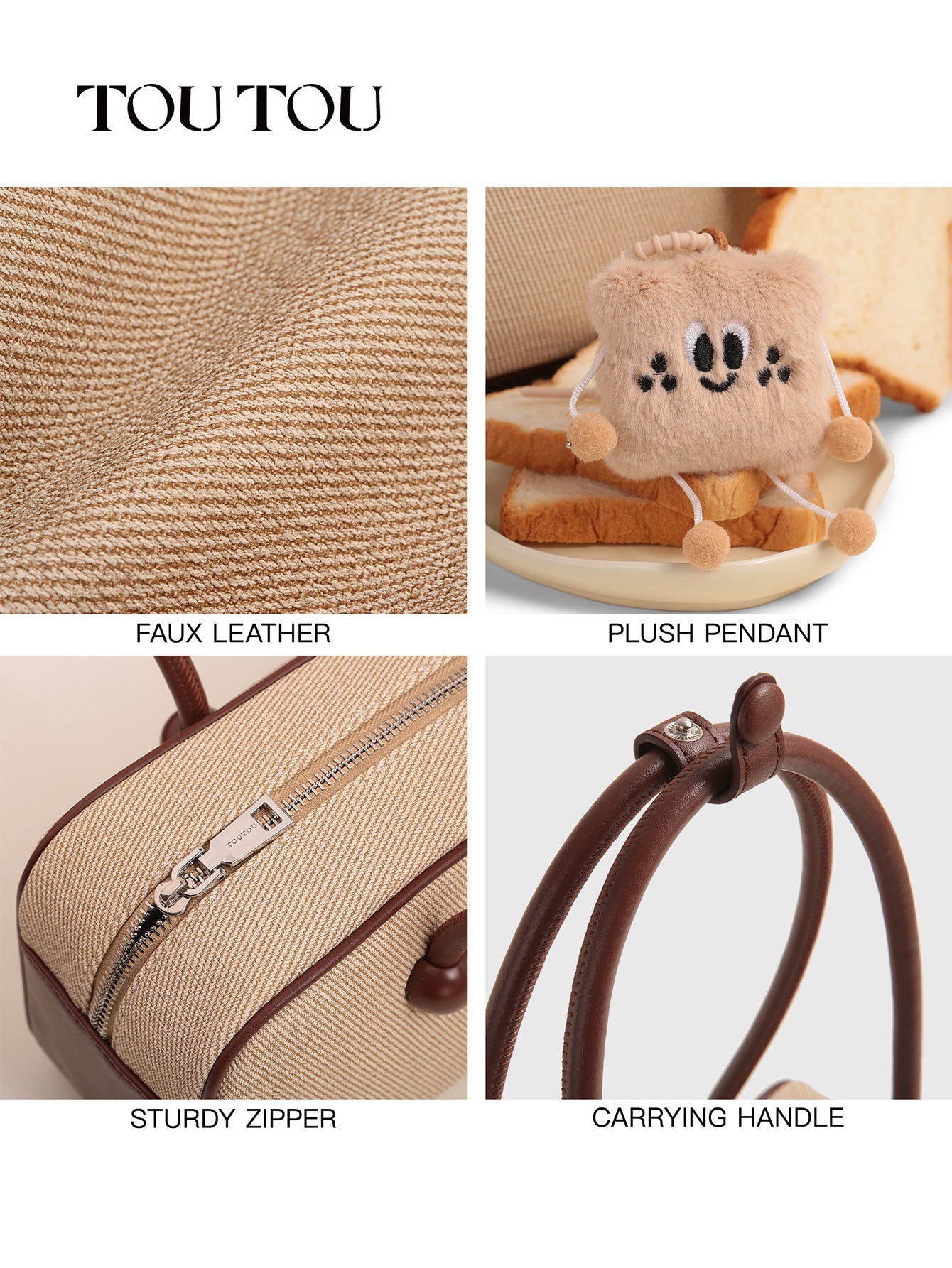 TOUTOU Beige & Brown Shoulder Bag with Cute Toast Plush Pendant: Casual - Chic Daily Bag