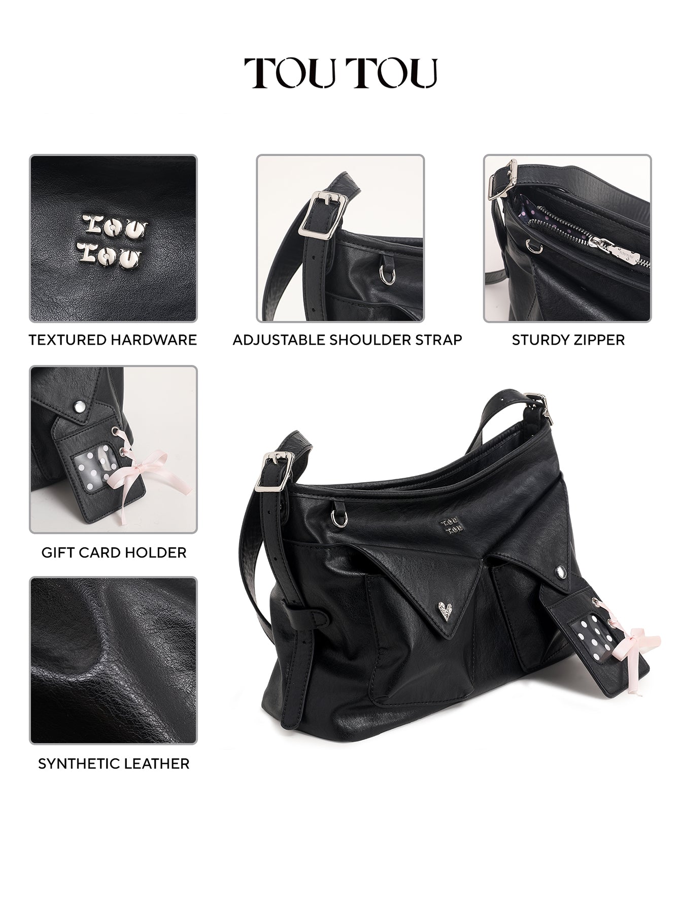 TOUTOU Black Crossbody Bag: Edgy Design with Adjustable Strap