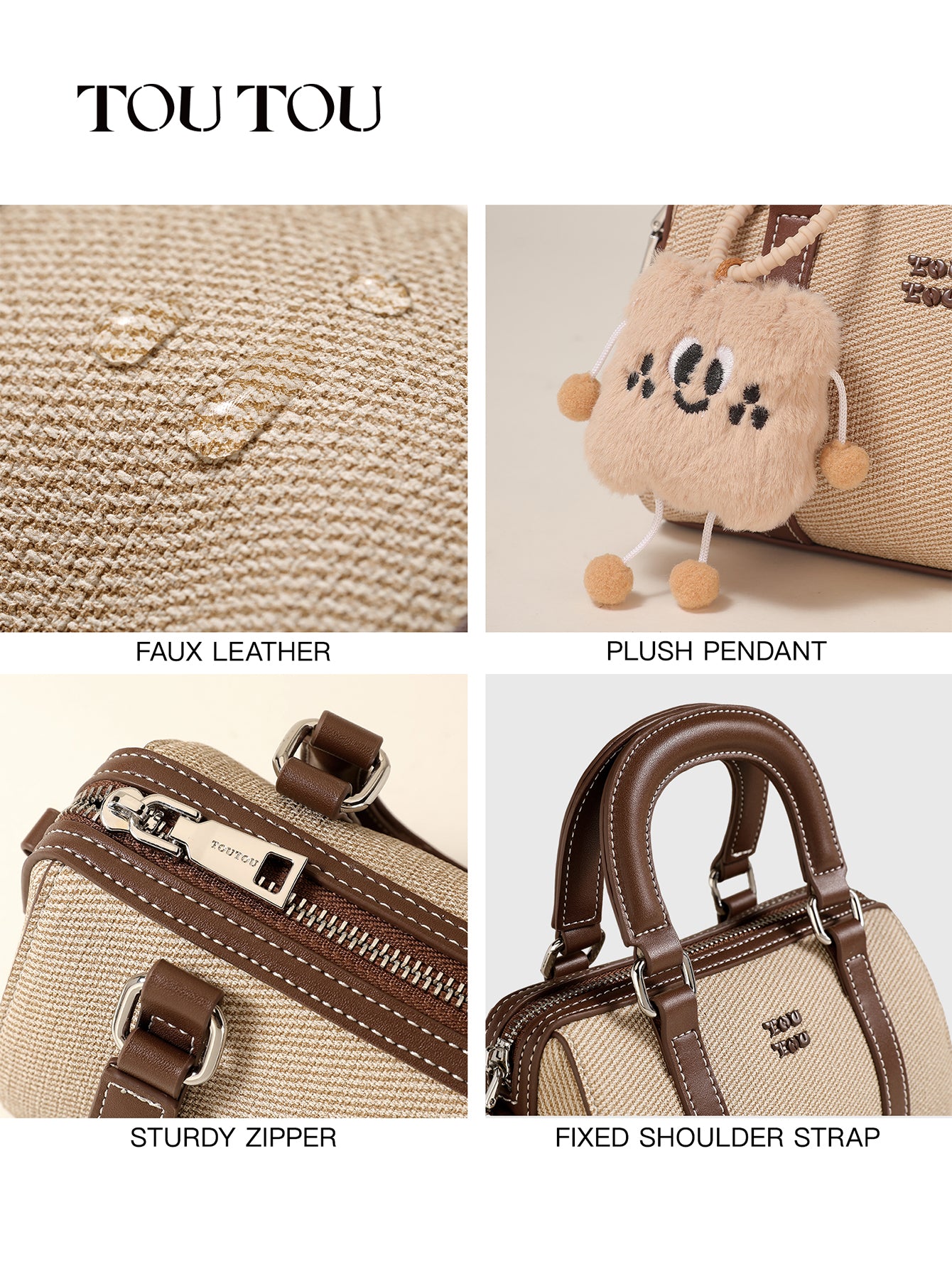 TOUTOU Beige Handbag: Plush Pendant & Retro Vibe
