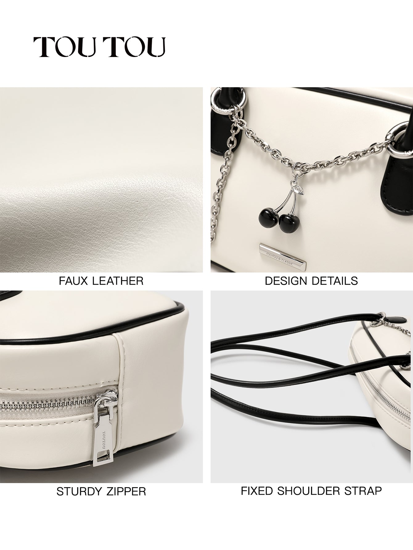 TOUTOU White Shoulder Bag: Cherry Chain Detail & Retro Charm