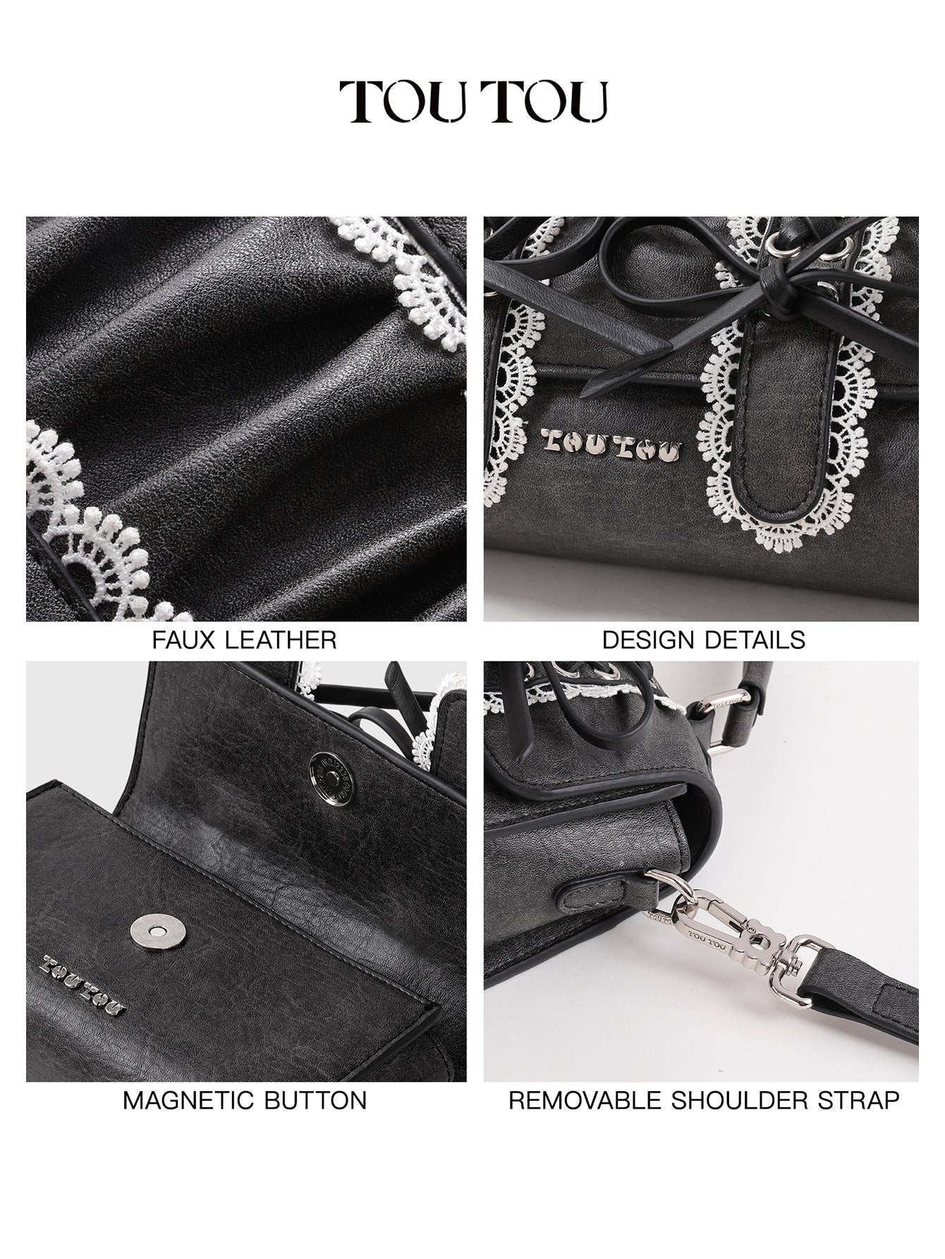 TOUTOU Black Barrel Bag with Lace & Bow Accents: Y2K - Inspired Cute Goth Style