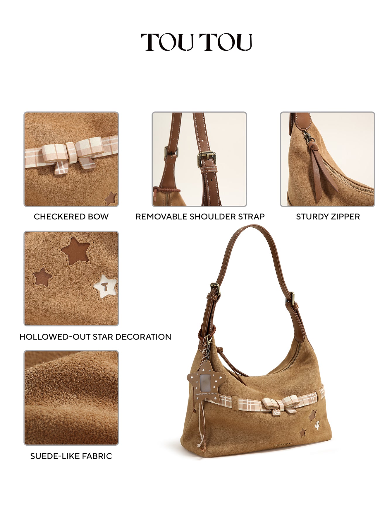 TOUTOU Cute Star & Bow Hobo Bag for Women - Brown Suede-Like Shoulder Bag with Multiple Pockets