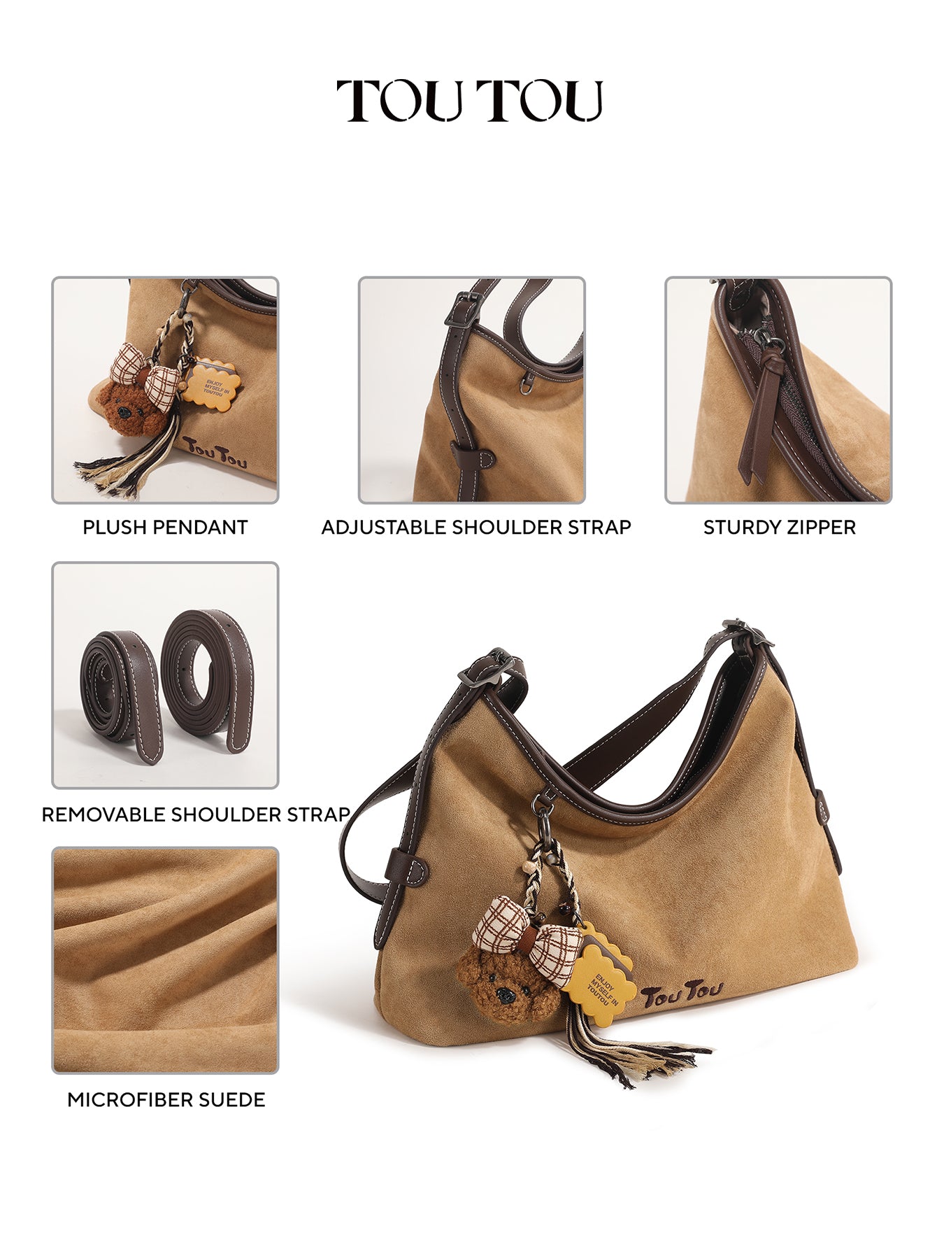 TOUTOU Beige Hobo Bag with Plush Bear Pendant: Retro & Playful