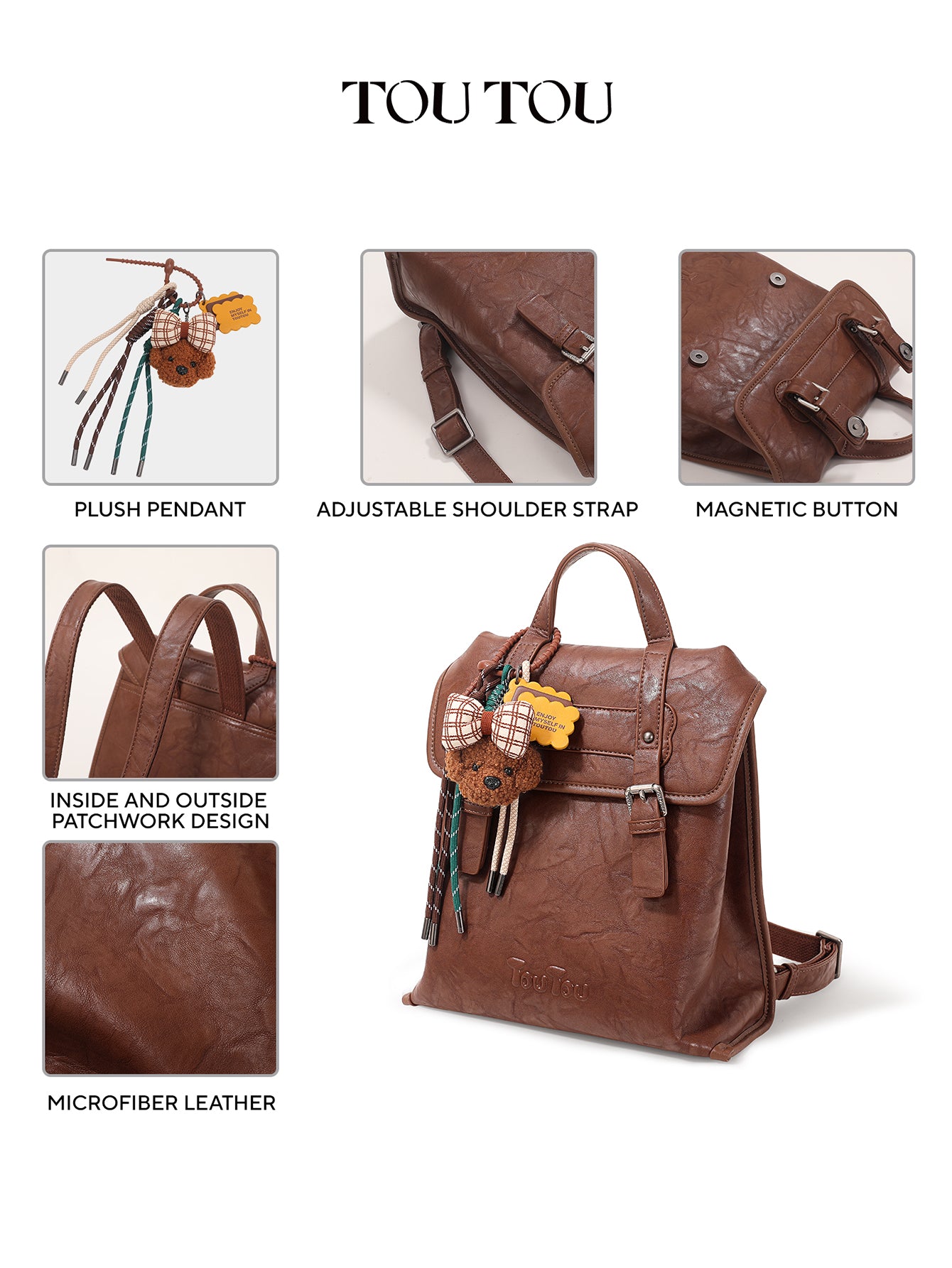 TOUTOU Vintage Microfiber Leather Backpack with Plush Pendant – Fits 8.3'' Device, Adjustable Strap