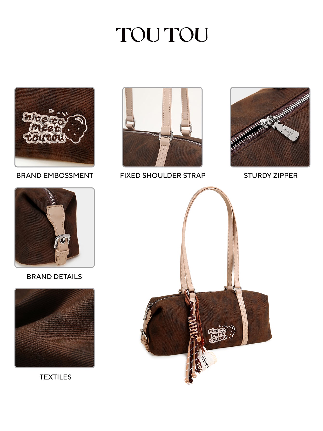 TOUTOU Brown Hobo Shoulder Bag - Cute "Nice to Meet Toutou" Embroidery & Coffee Charm, Fits 8.3" Tablet