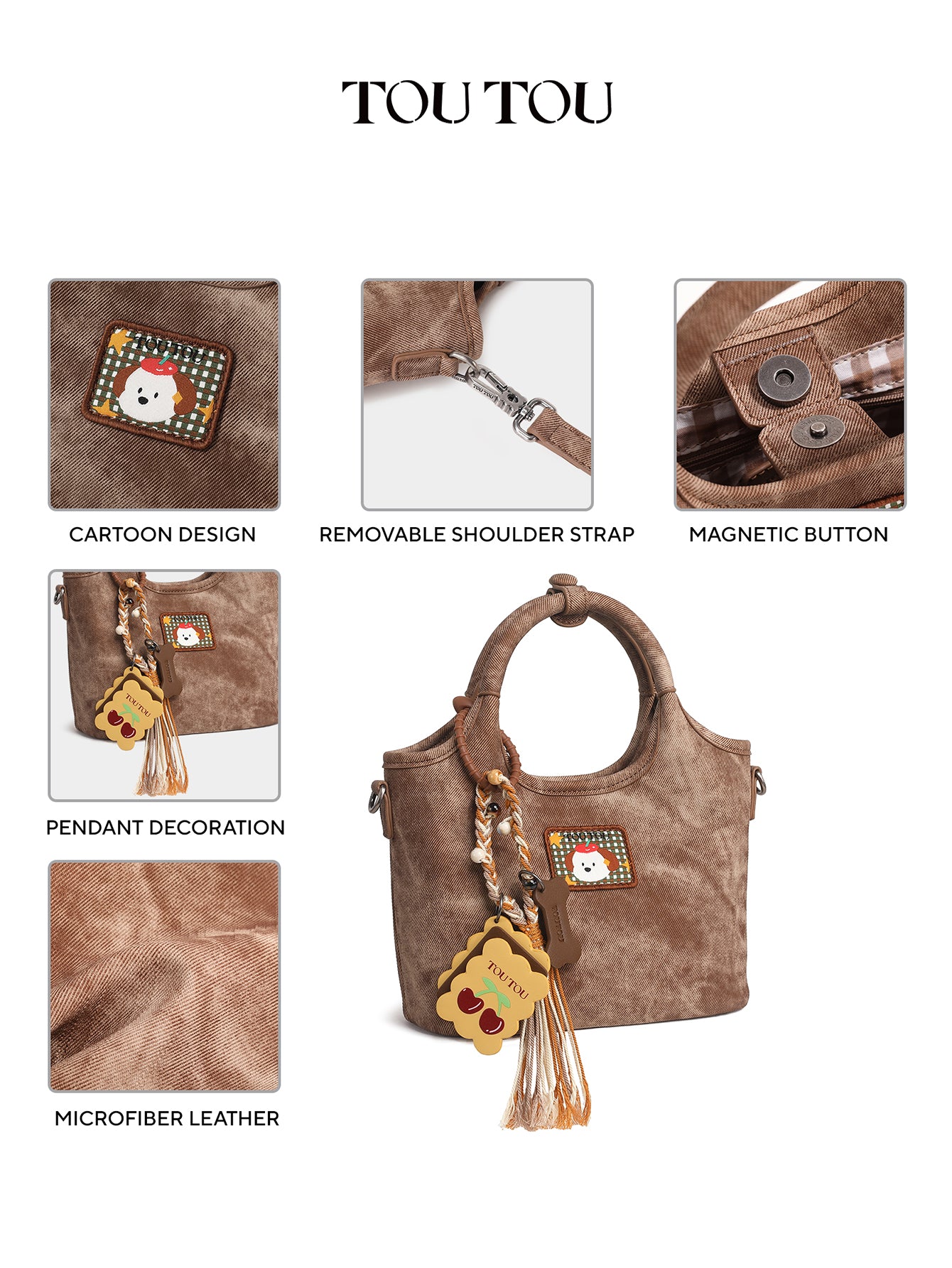 TOUTOU Cute Cartoon Dog Mini Tote Bag - Microfiber Leather Handbag with Removable Strap
