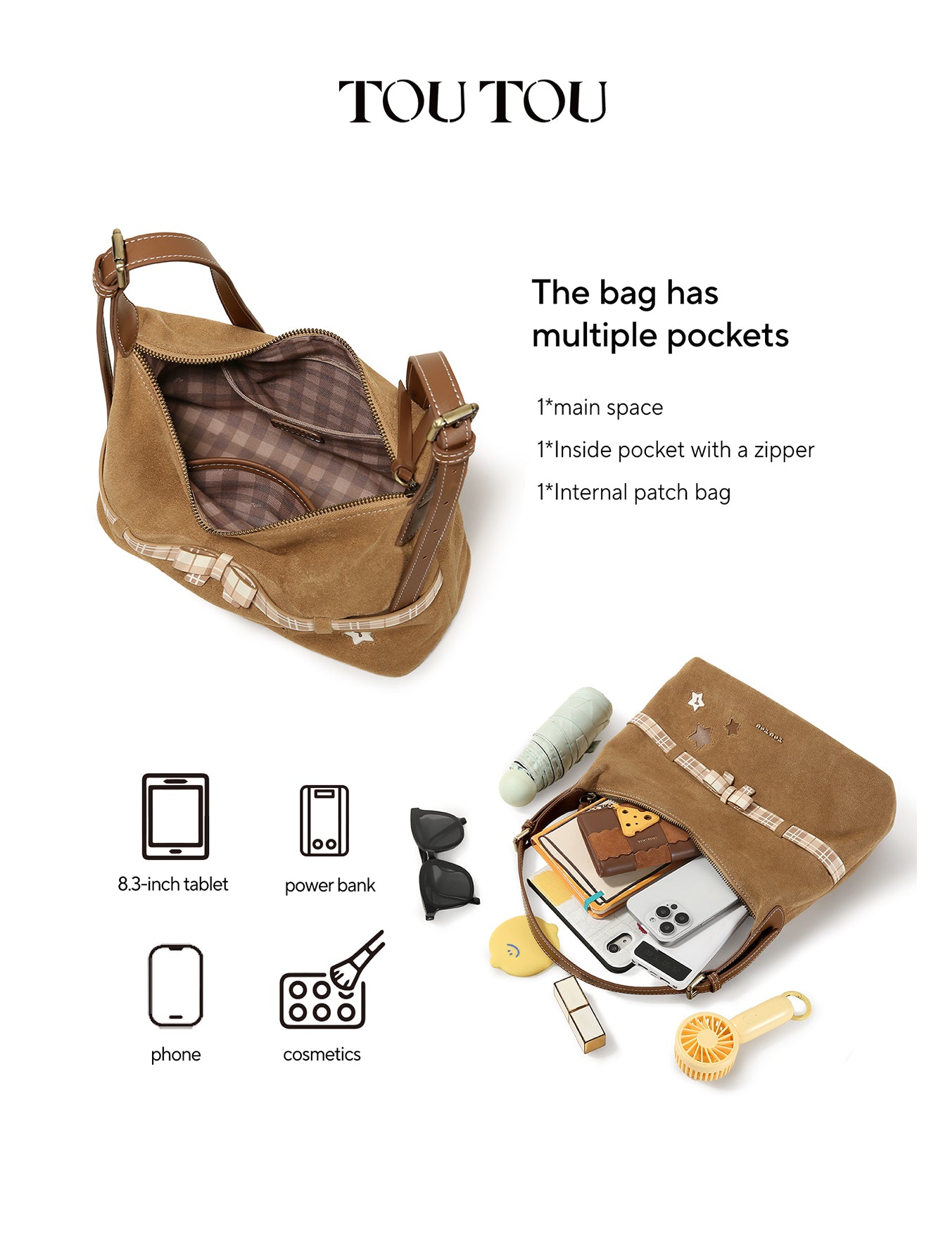 TOUTOU Cute Star & Bow Hobo Bag for Women - Brown Suede-Like Shoulder Bag with Multiple Pockets