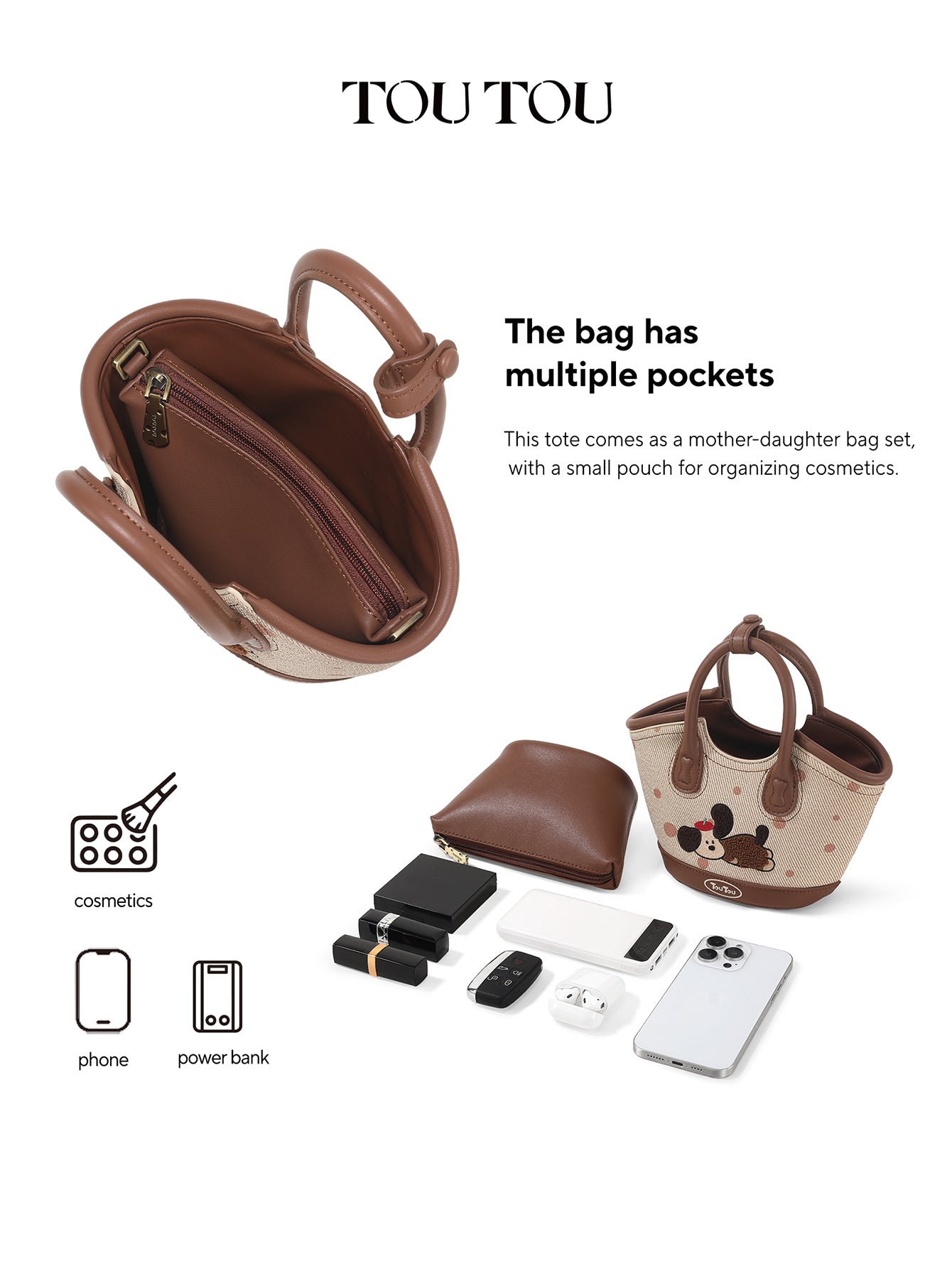 TOUTOU Cartoon Dog Embroidered Tote Bag - Mother-Daughter Set with Removable Strap & Cosmetic Pouch