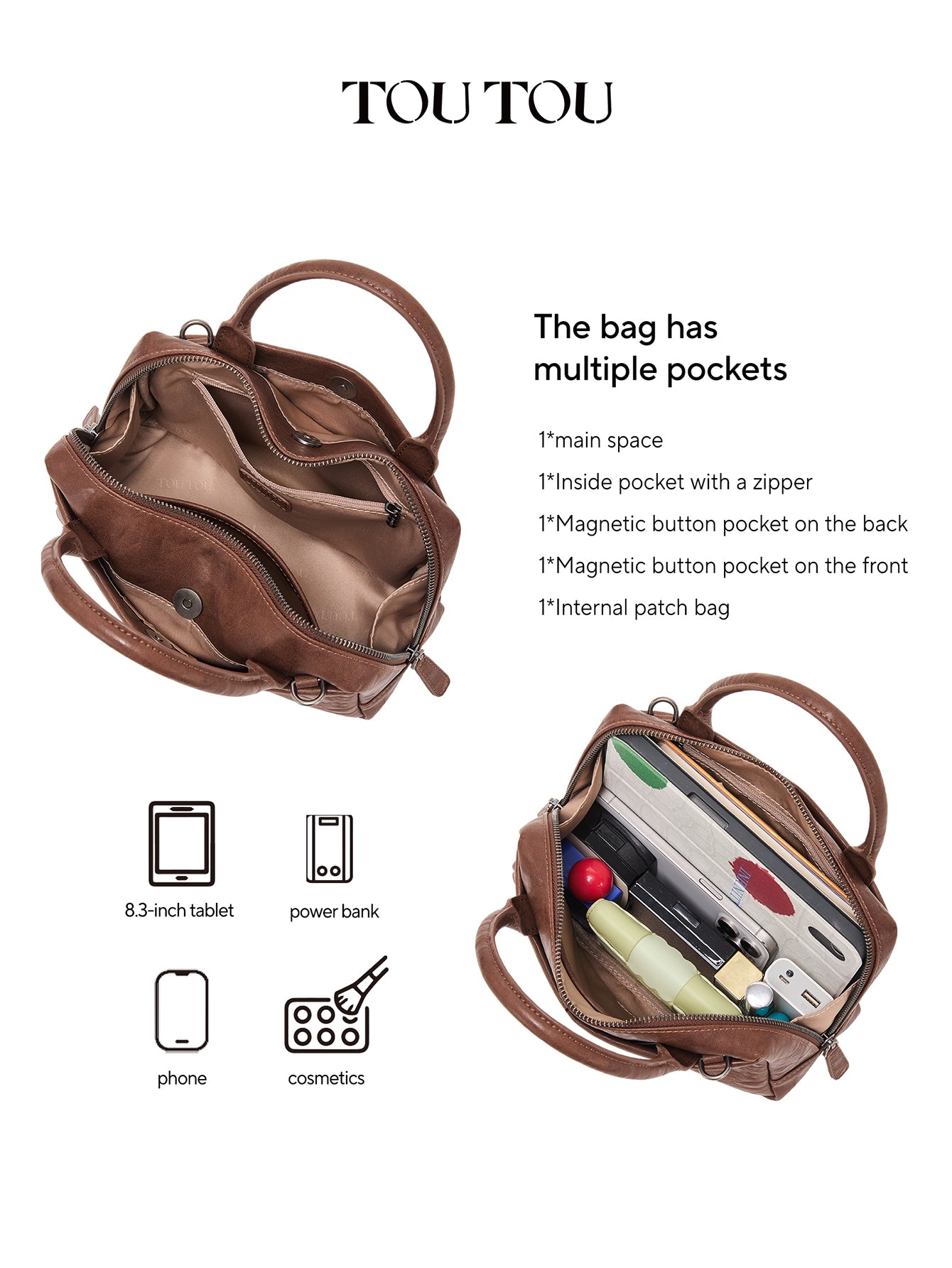 TOUTOU Brown Bowling Handbag: Cute Dog Charm & Multi - Pocket Design