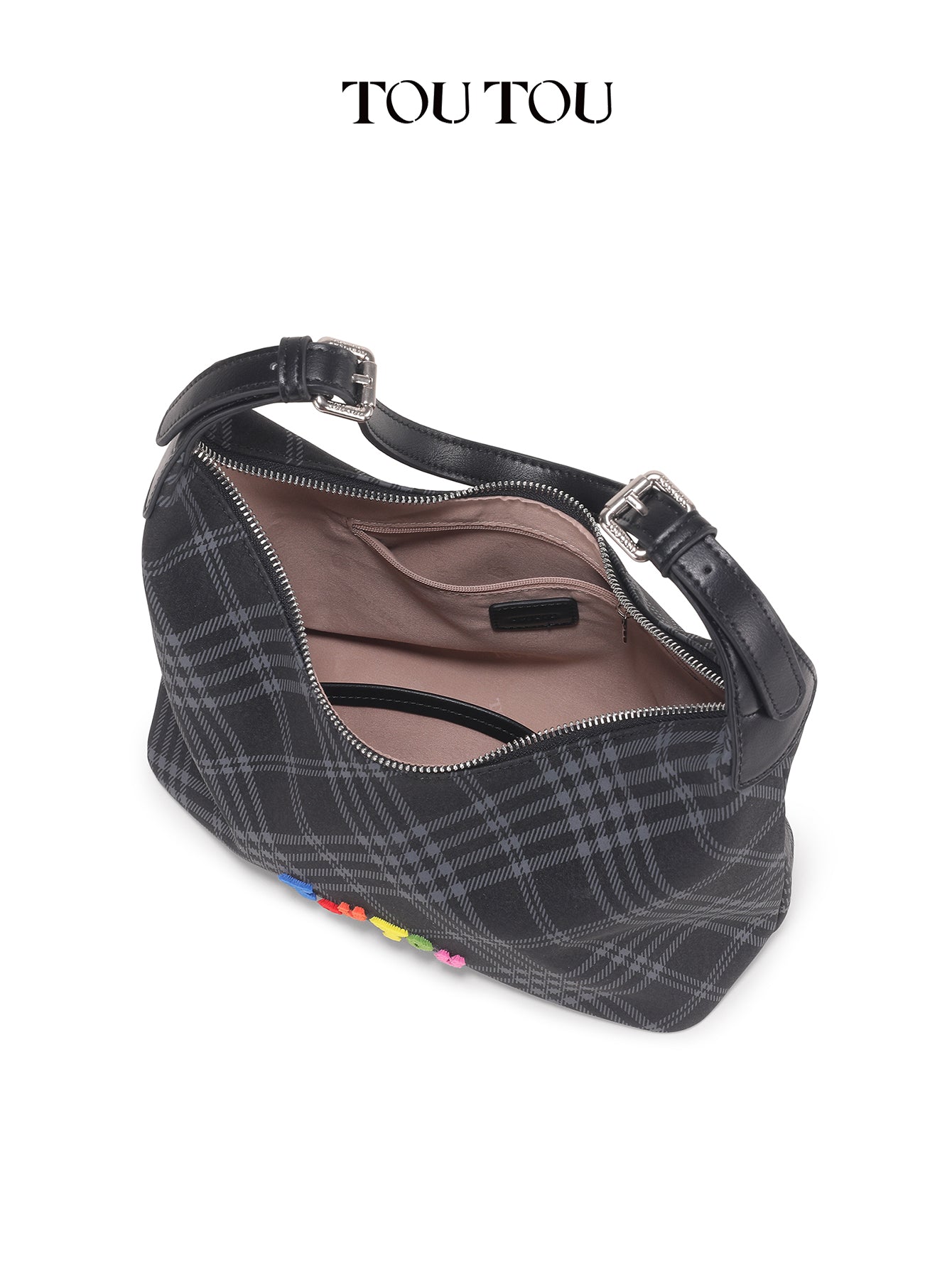 TOUTOU Black Plaid Hobo Bag with Colorful Branding: Trendy & Playful