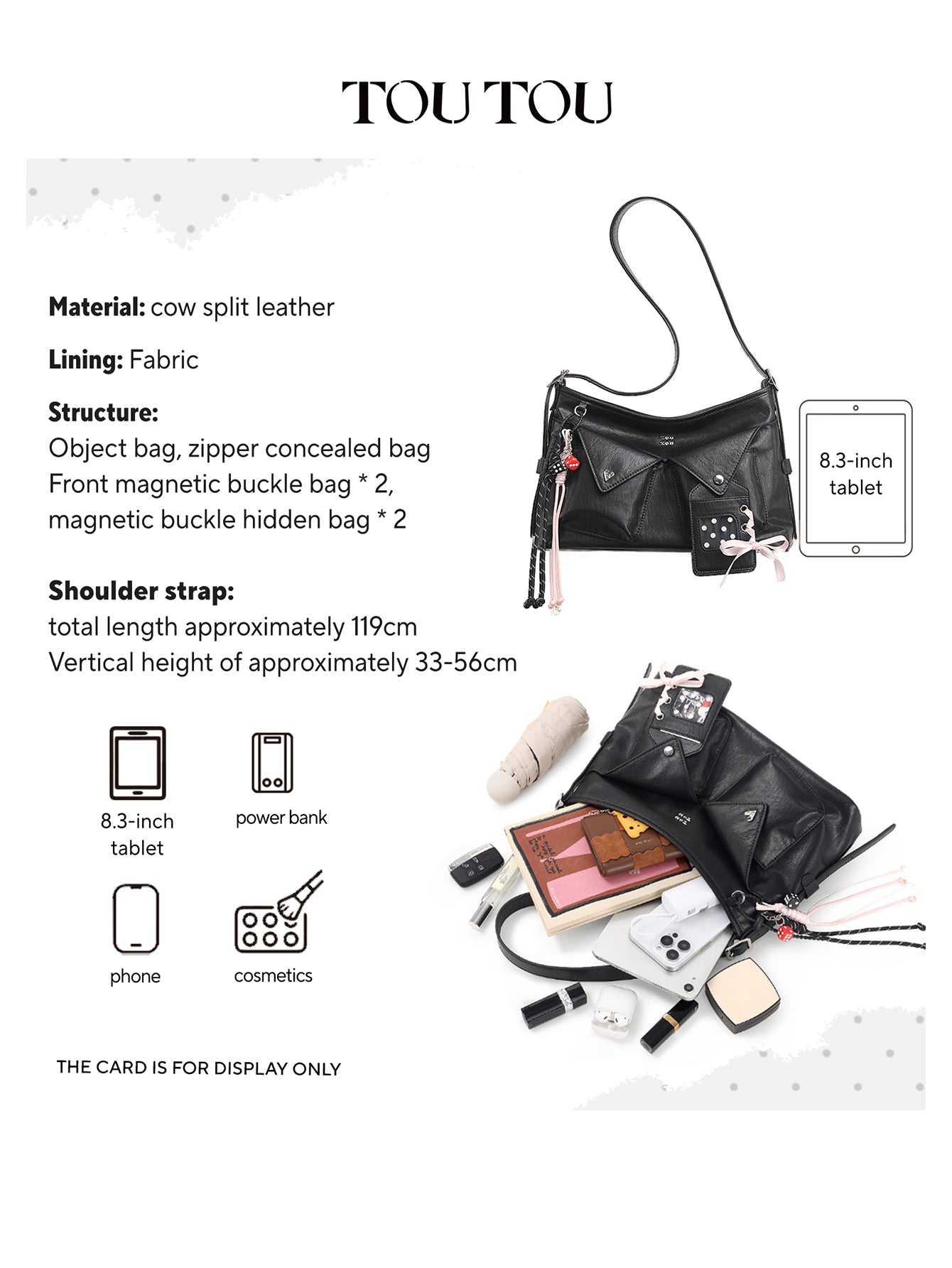 TOUTOU Black Crossbody Bag: Edgy Design with Adjustable Strap